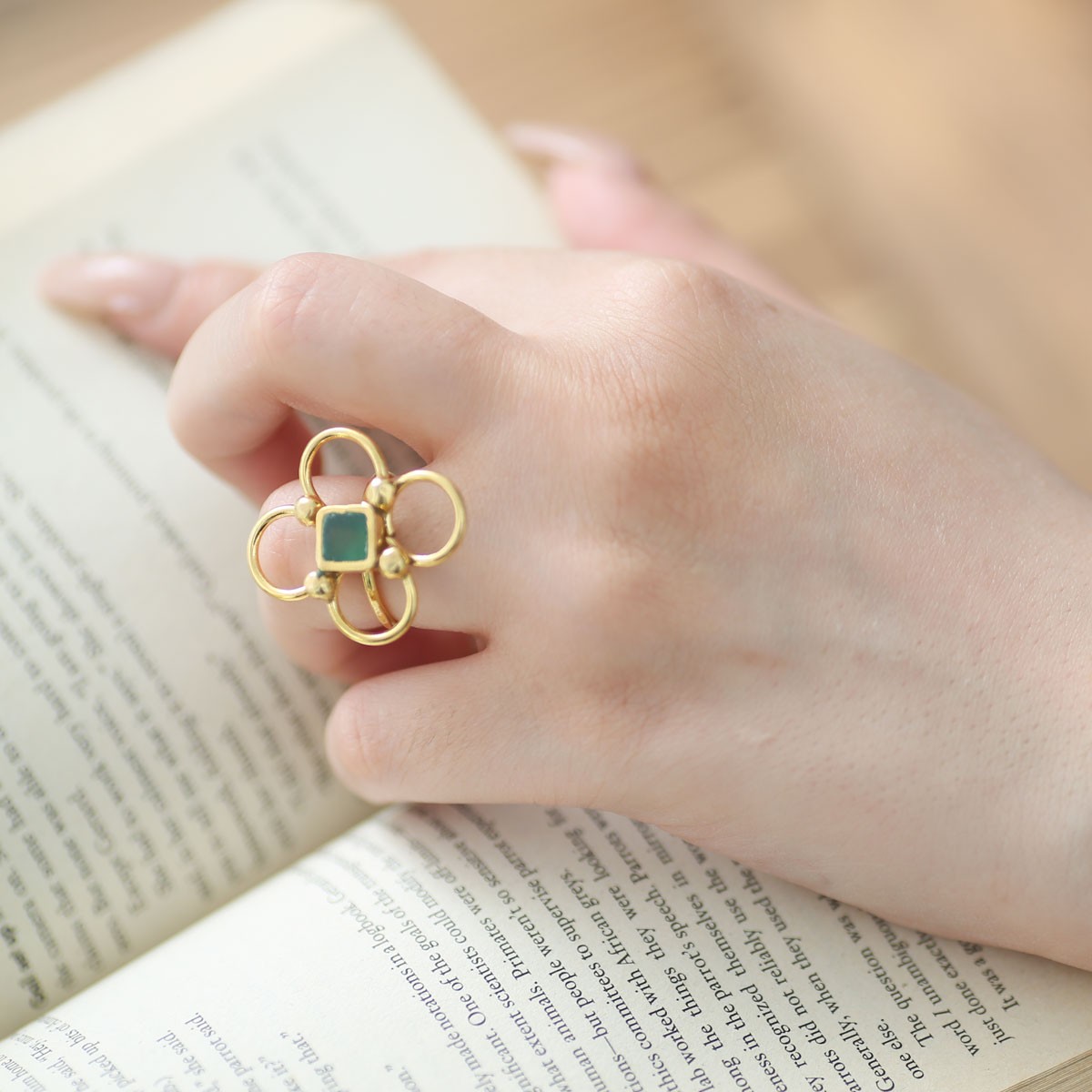 Green Agate Stone Ring | Gold Plated Floral Design Earrings 3
