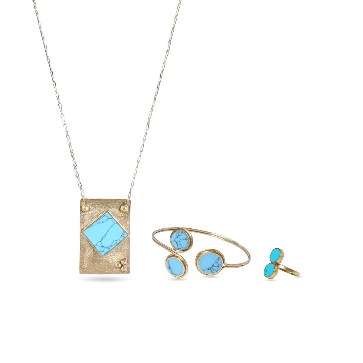 Blue Turquoise Stone Jewelry Set | Silver Pendant, Ring & Bracelet 1