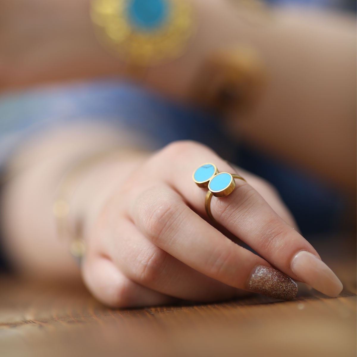 Blue Turquoise Stone Ring | Gold Plated Two Stone Ring 3