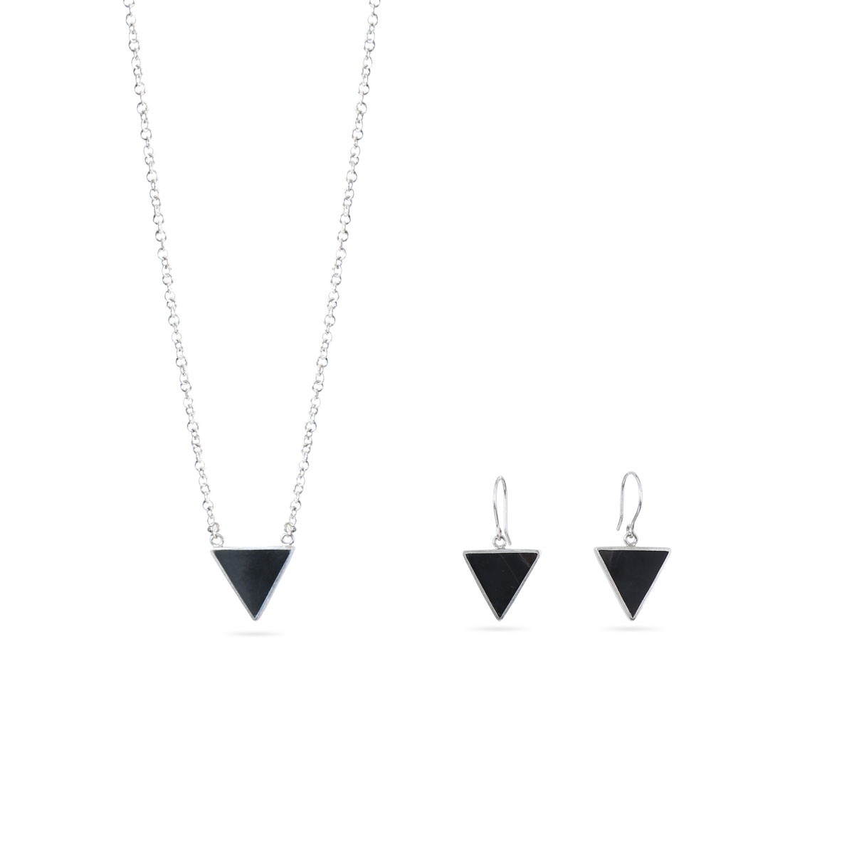 Black Tourmaline Jewelry Set | Silver Triangle Pendant & Earrings 1