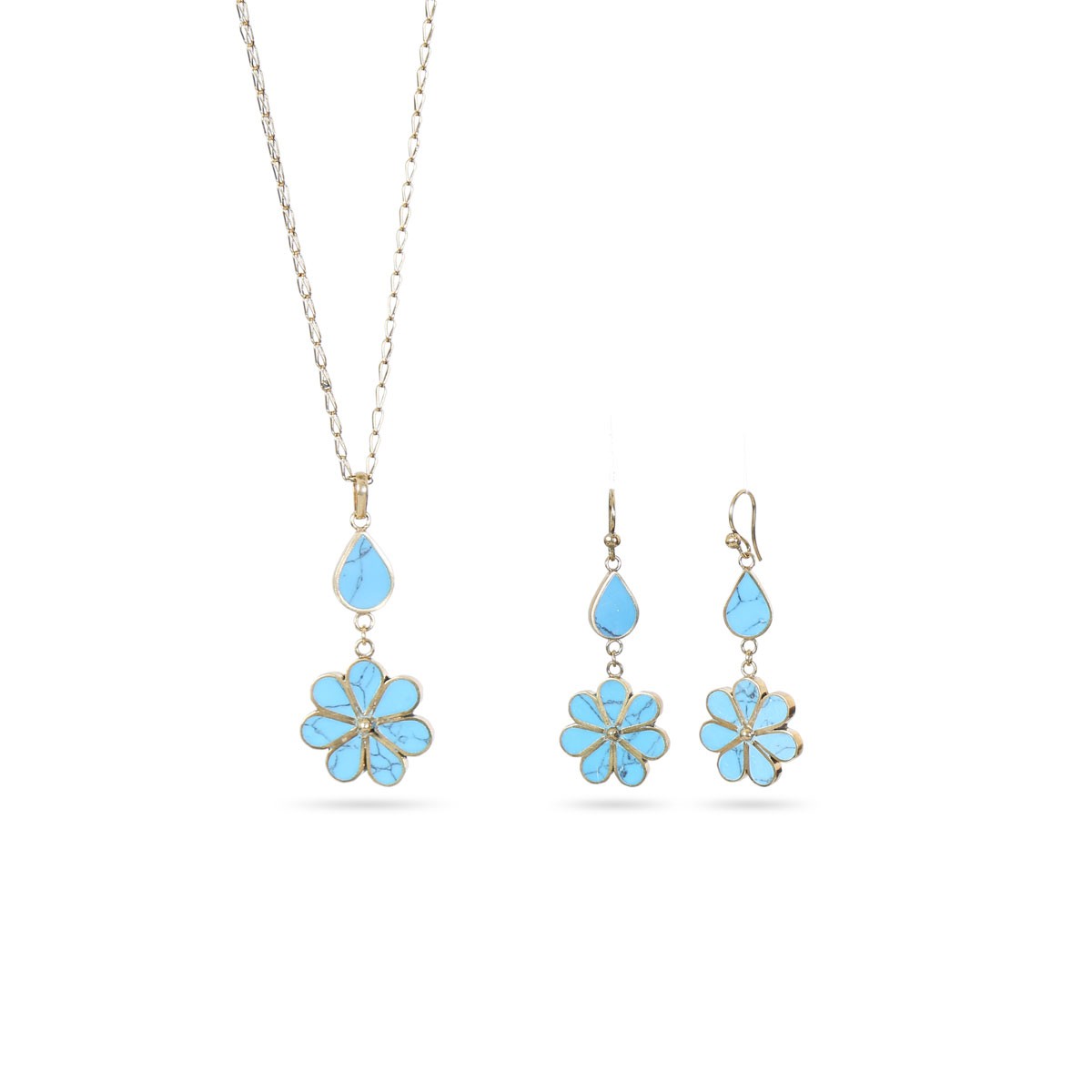 Blue Turquoise Jewelry Set | Gold Plated Flower Pendant & Earrings 1