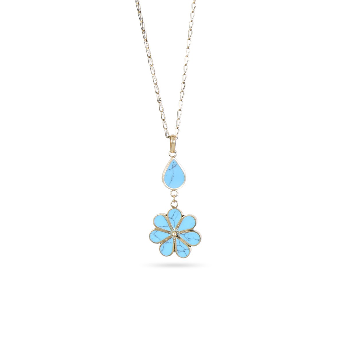 Blue Turquoise Jewelry Set | Gold Plated Flower Pendant & Earrings 2