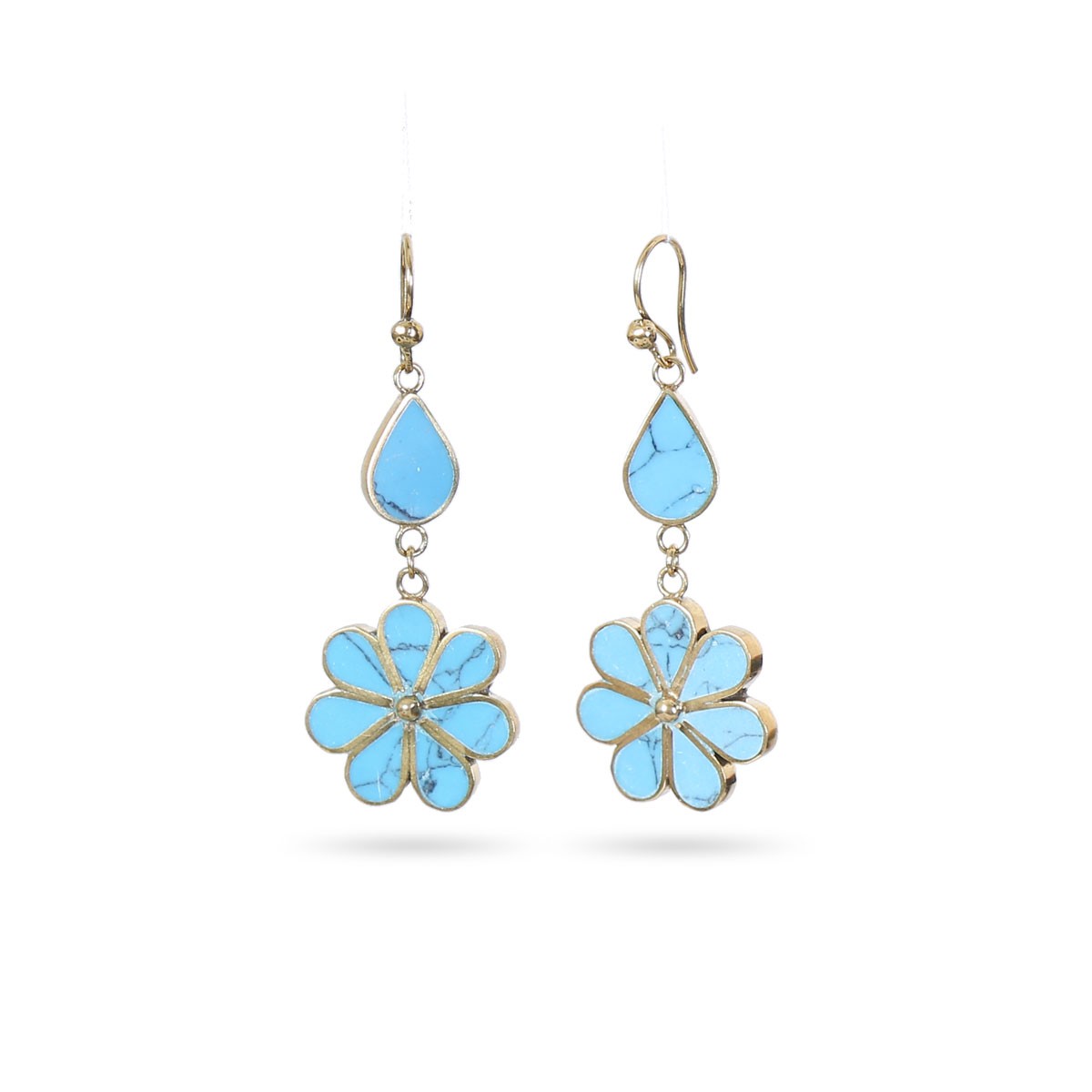 Blue Turquoise Jewelry Set | Gold Plated Flower Pendant & Earrings 3