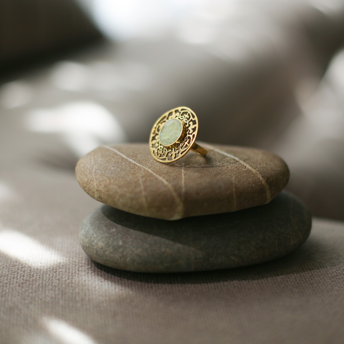 Mint Jet Stone Ring | Gold Plated Round Engraved Ring 3