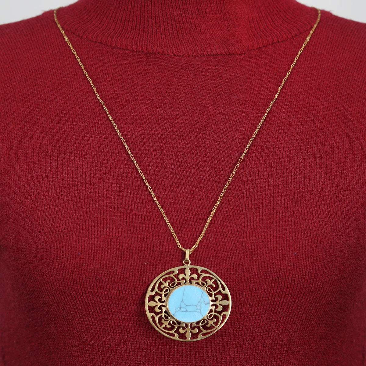 Blue Turquoise Stone Pendant | Gold Plated Round Chain Locket 3