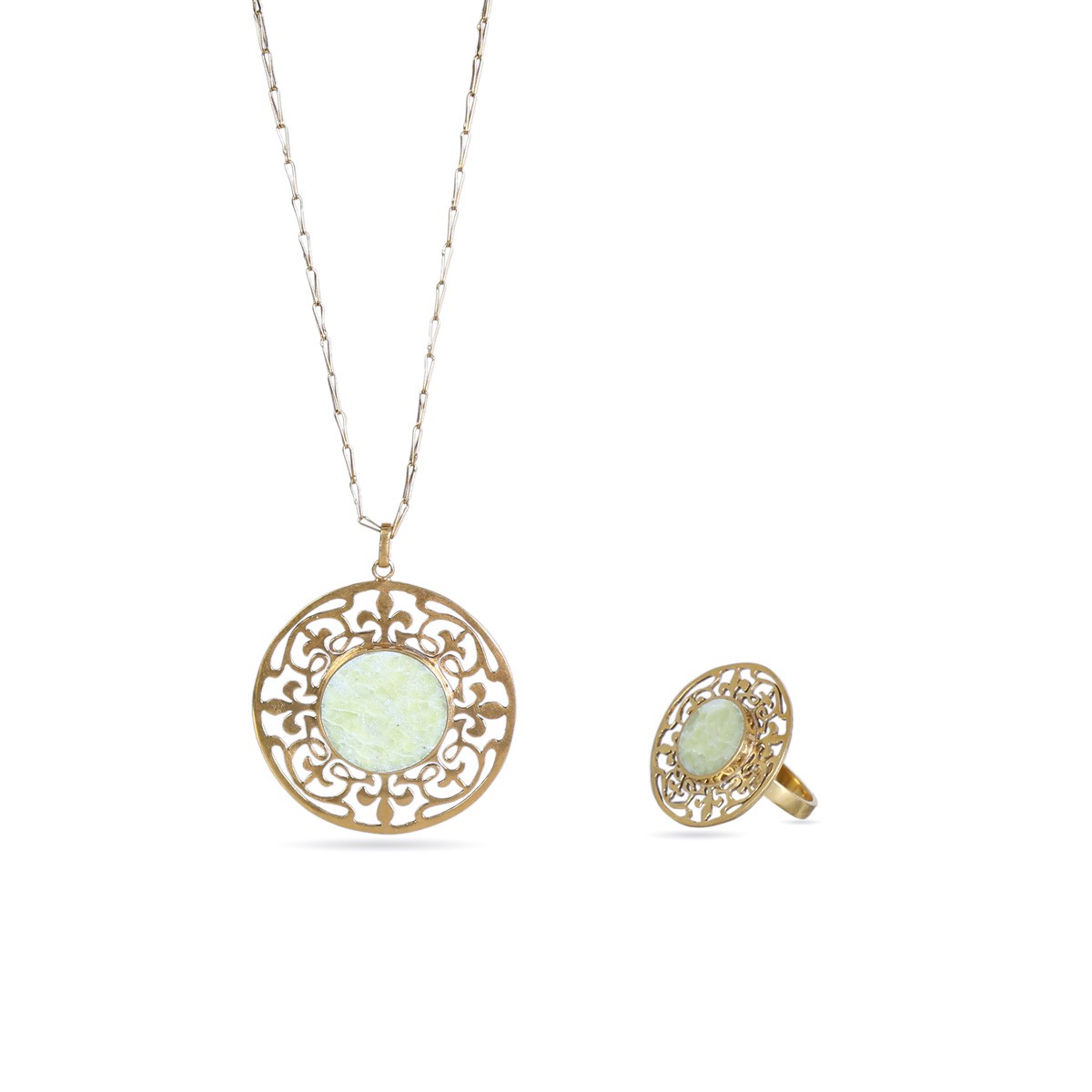Mint Jet Stone Jewelry Set | Round Engraved Silver Pendant & Ring 1