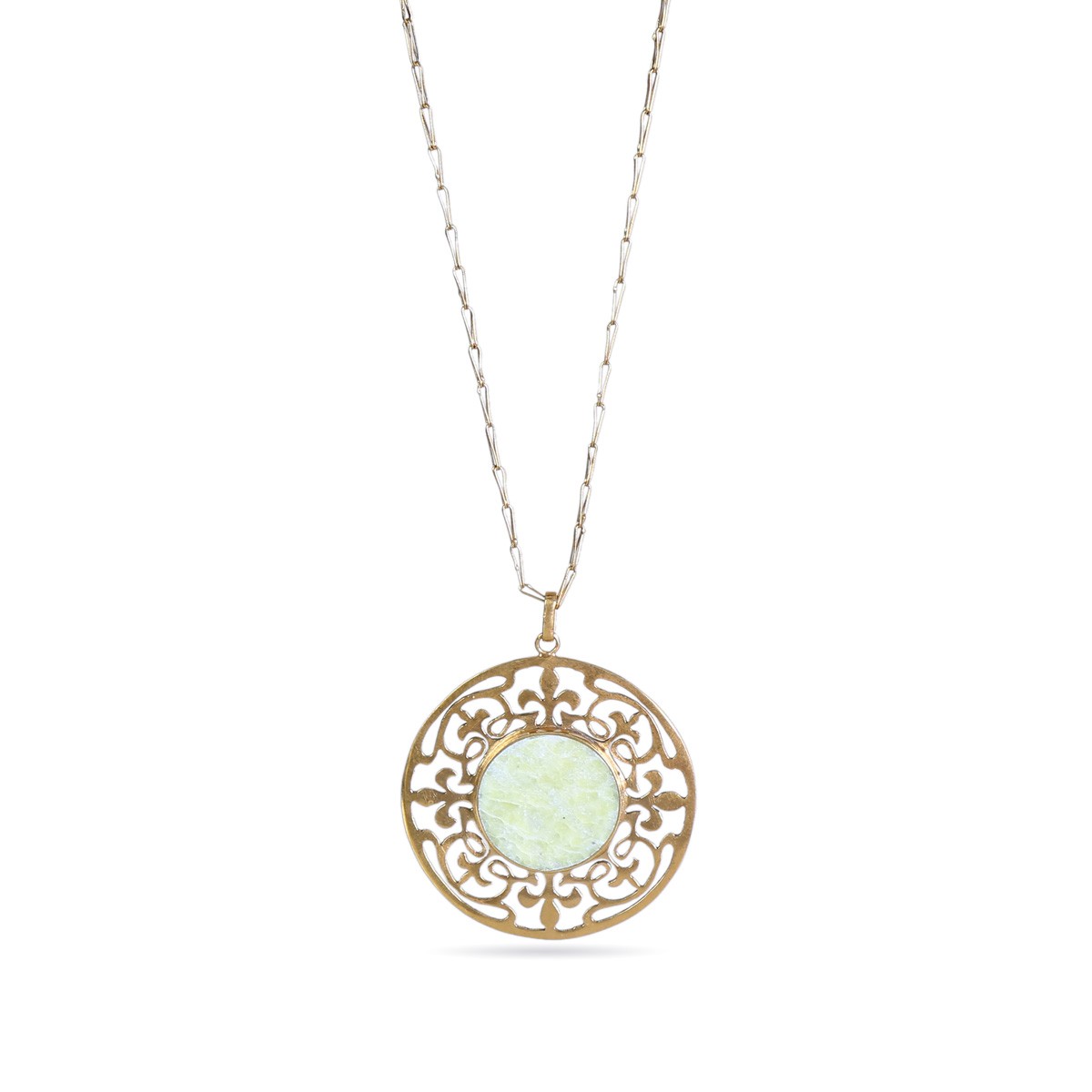 Mint Jet Stone Jewelry Set | Round Engraved Silver Pendant & Ring 2