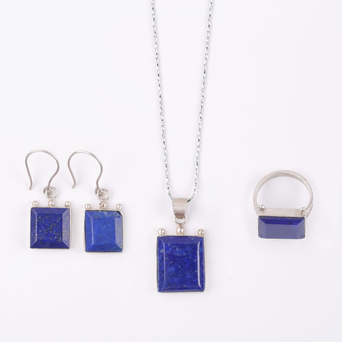 Lapis Silver Set | Square Shape Pendant With Earrings & Ring 1