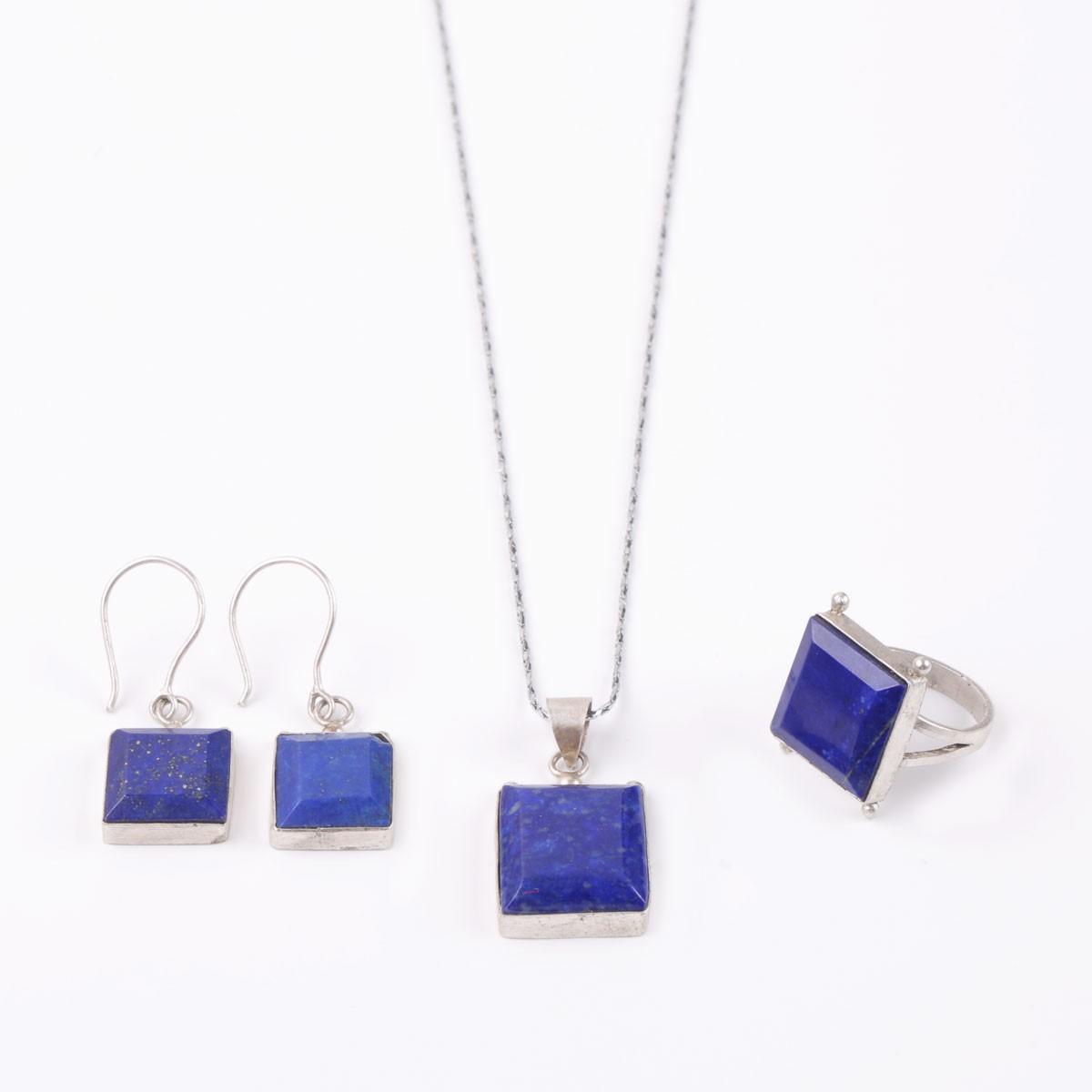 Lapis Silver Set | Square Shape Pendant With Earrings & Ring 2
