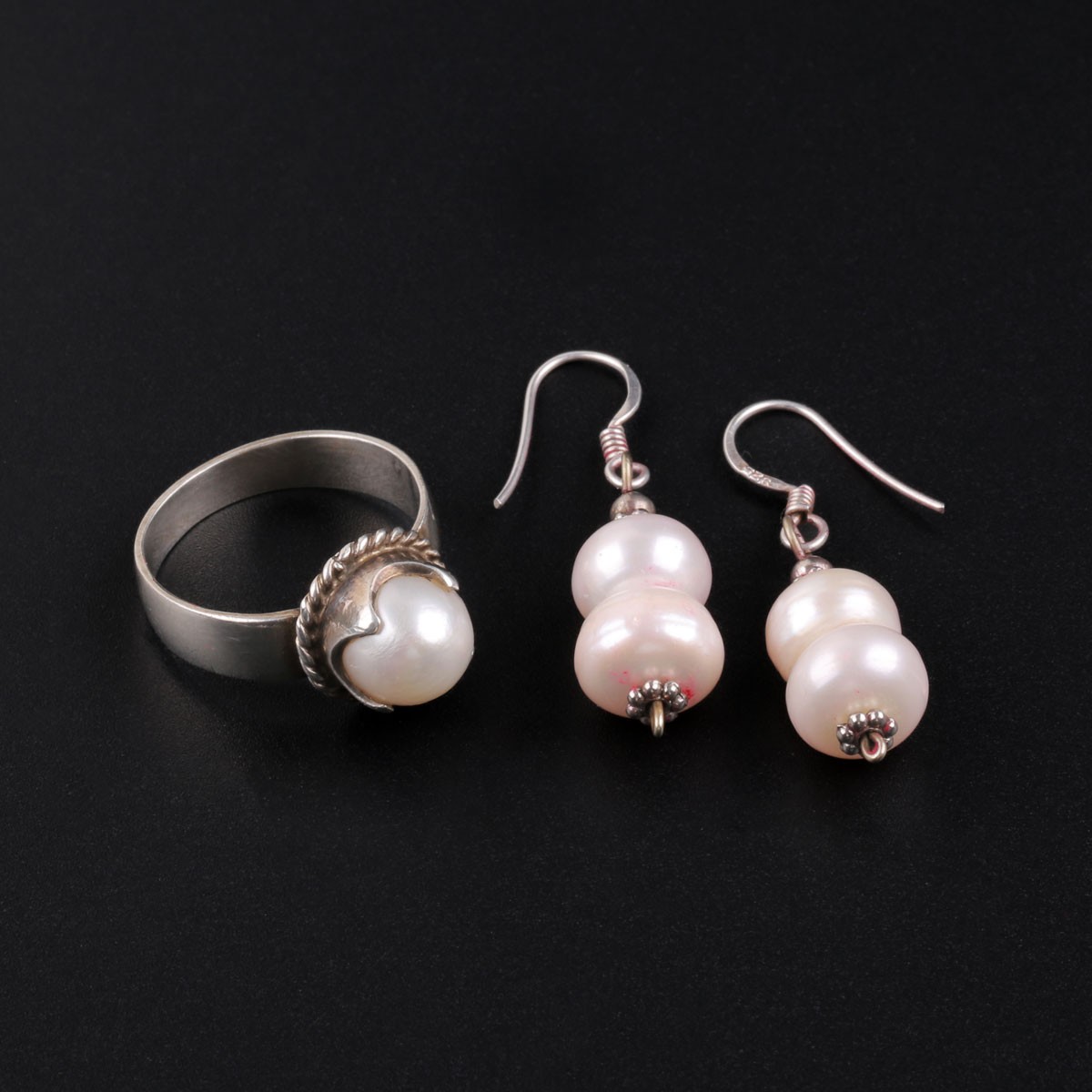 Pearl Matching Earrings & Ring | Silver Dangle Earrings With Ring 1