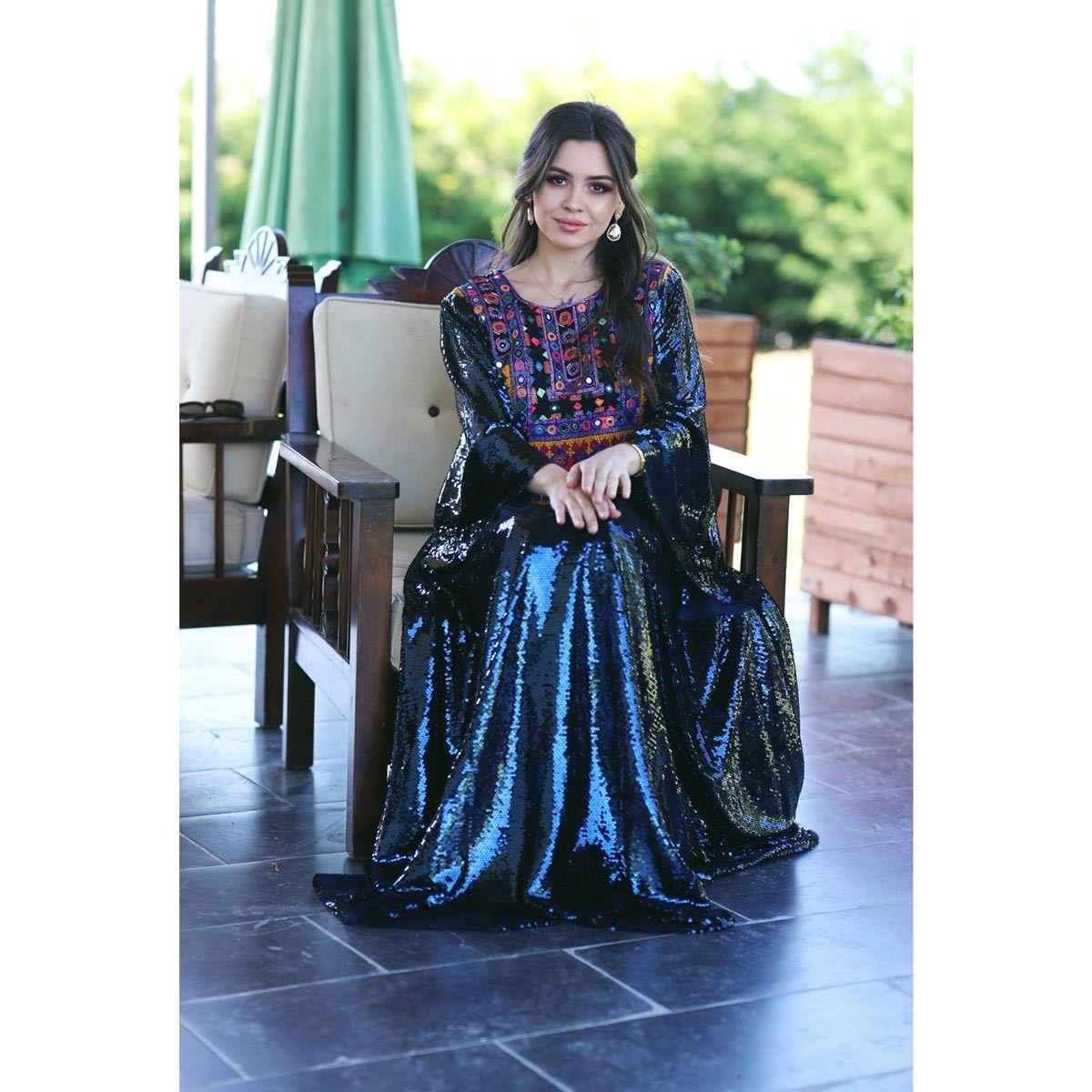 Navy Blue Sequin Maxi| Trumpet Sleeves & Front Embroidered Dress 3