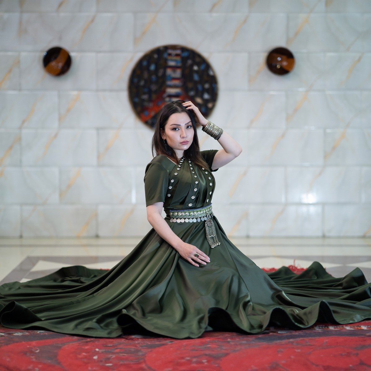 Dark Green Coin Embroidered Belted Fancy Maxi | Silk Half-Sleeves Party Wear Maxi 1