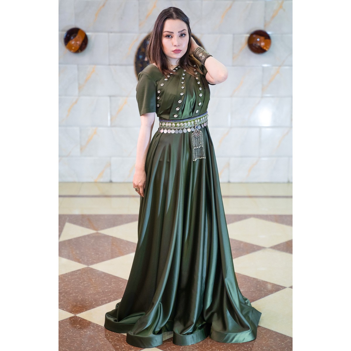 Dark Green Coin Embroidered Belted Fancy Maxi | Silk Half-Sleeves Party Wear Maxi 2