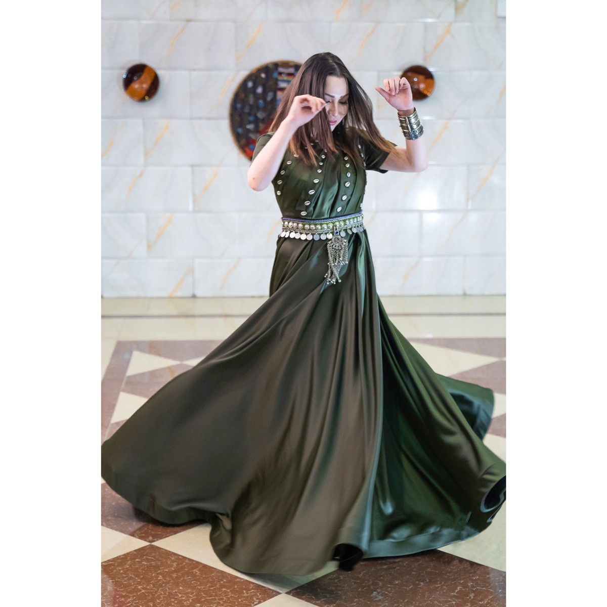 Dark Green Coin Embroidered Belted Fancy Maxi | Silk Half-Sleeves Party Wear Maxi 3