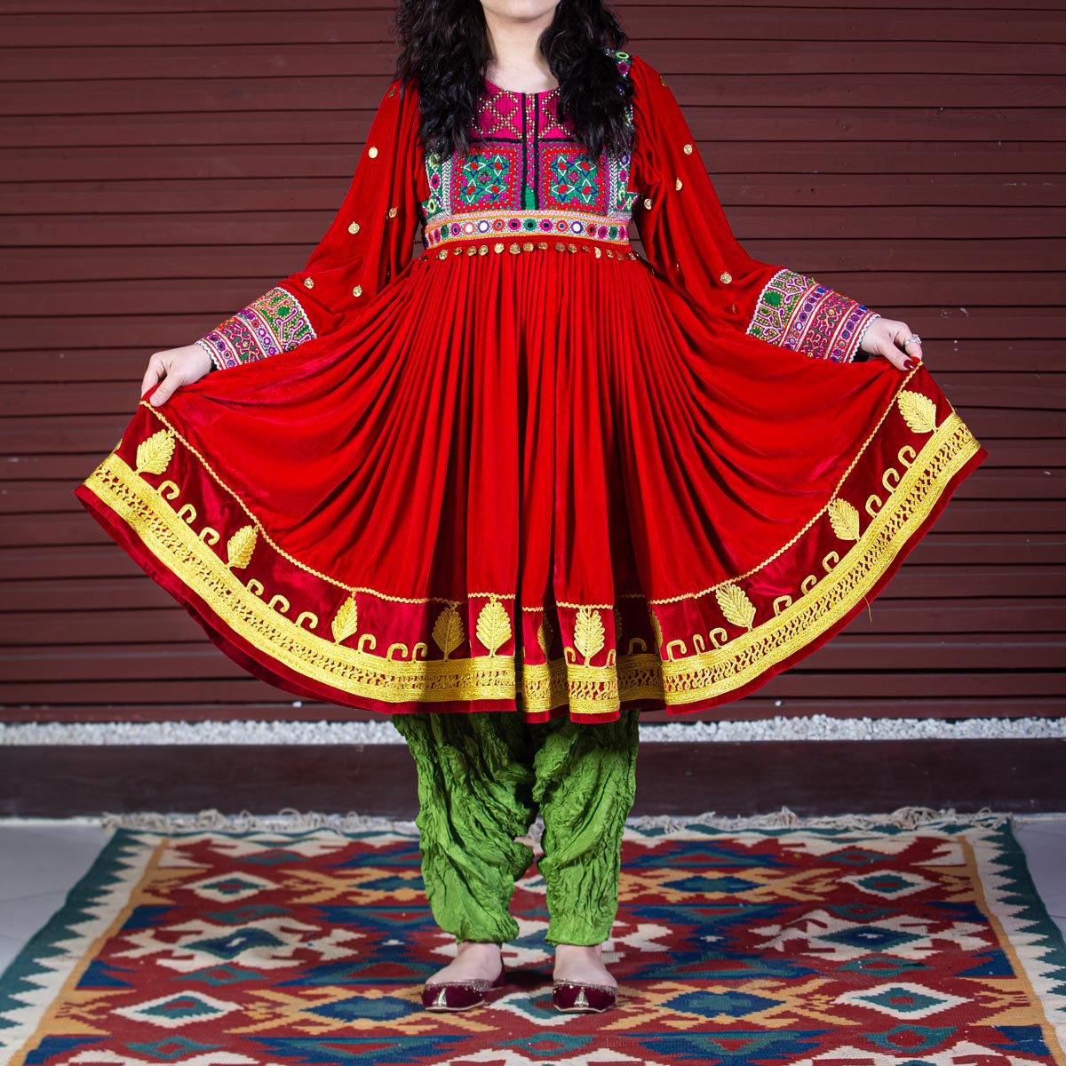 Red Kochi Embroidered Short Dress | Silk Velvet Pleated Bridal Frock 1