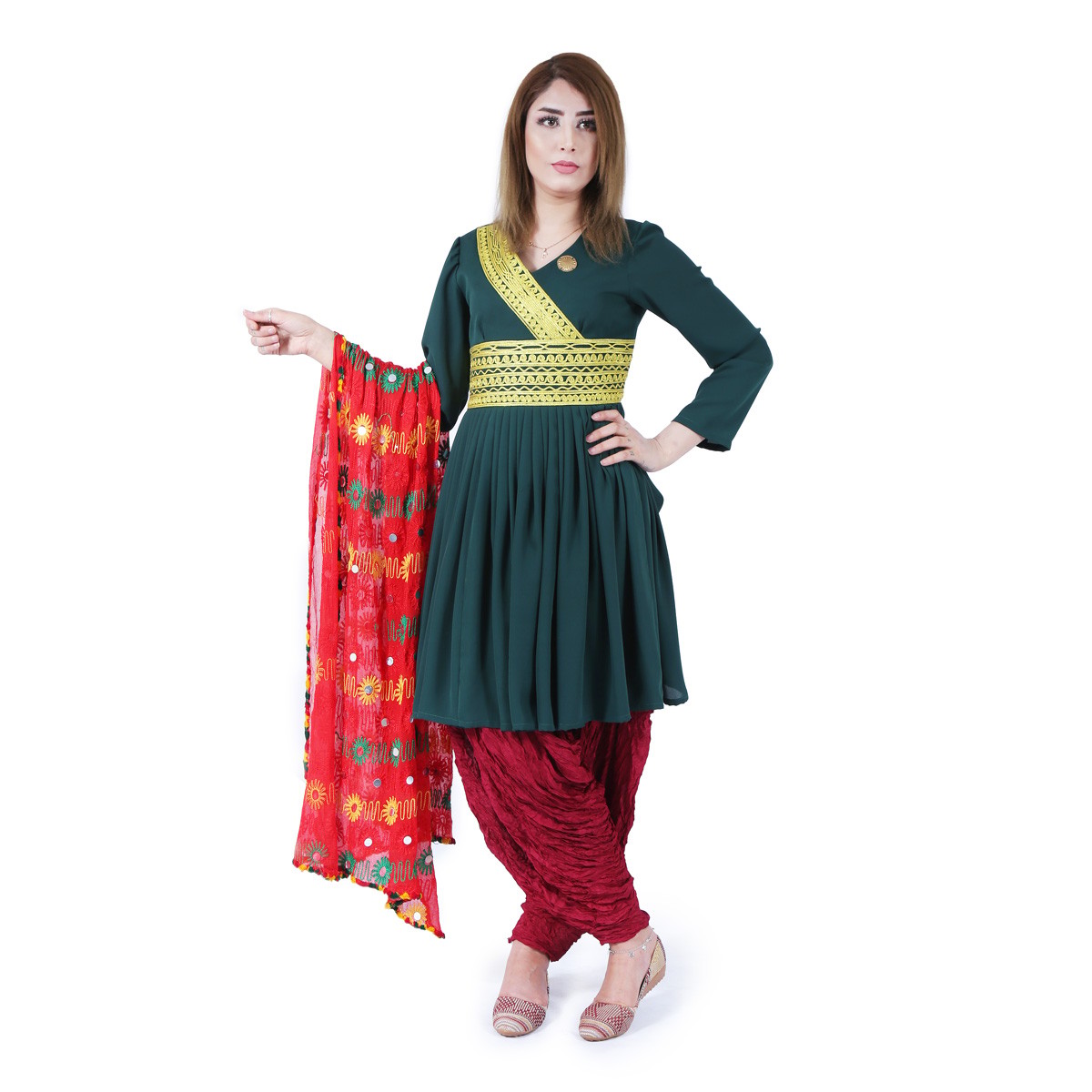 Green Pleated Short Frock | Georgette Kochi Embroidered Frock  1