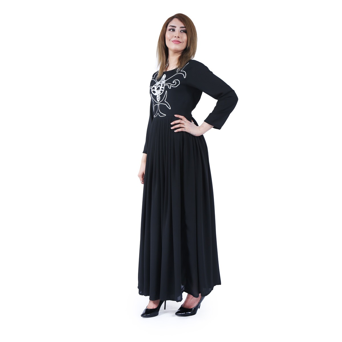 Black Front Embroidered Frock | Georgette Pleated Long Dress 1