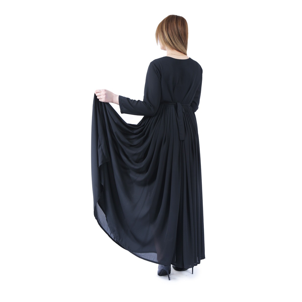 Black Front Embroidered Frock | Georgette Pleated Long Dress 4