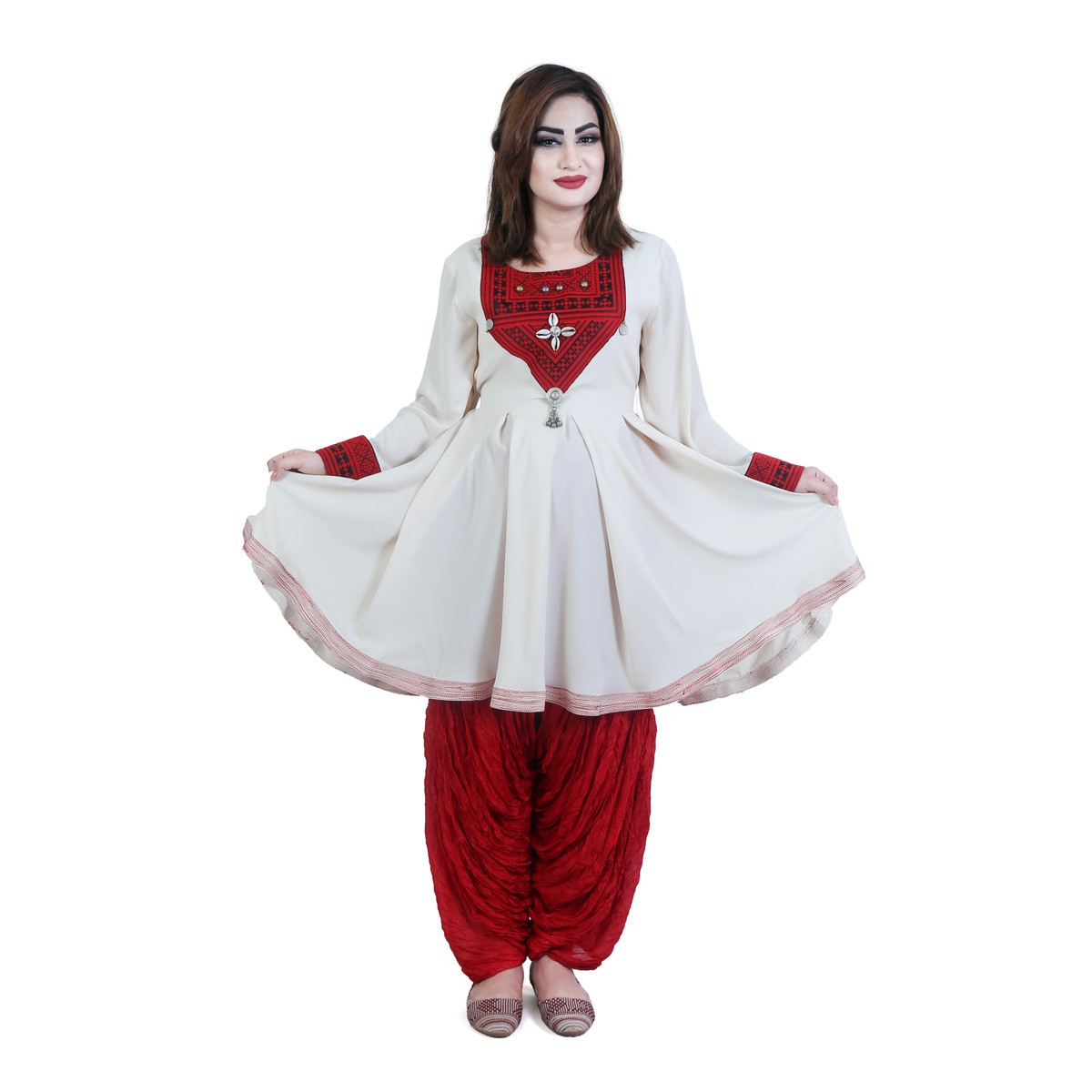 White Pleated Short Fancy Frock | Crepe Cowrie Embroidered Frock 1