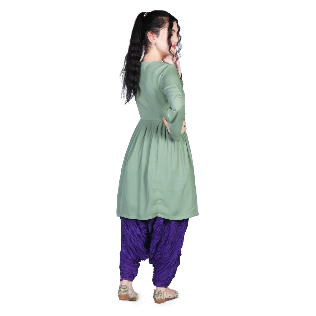 Sage Green Split Skirt Short Dress | Georgette Floral Embroidered Dress 3