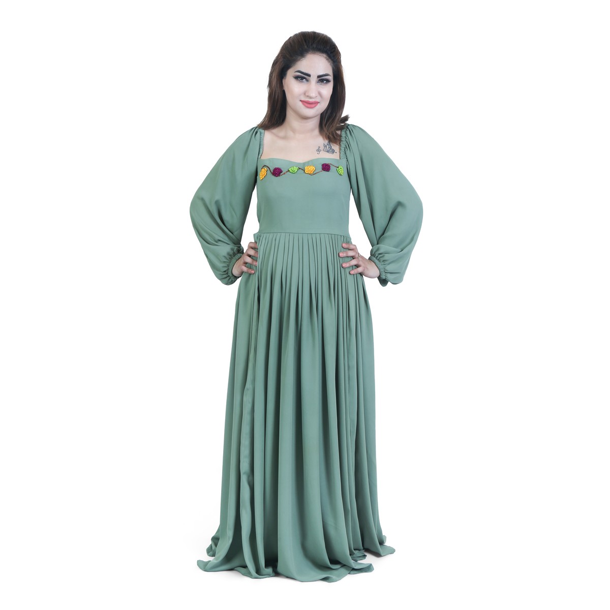 Sage Green Pleated Maxi | Georgette Cuff Sleeves Maxi 1