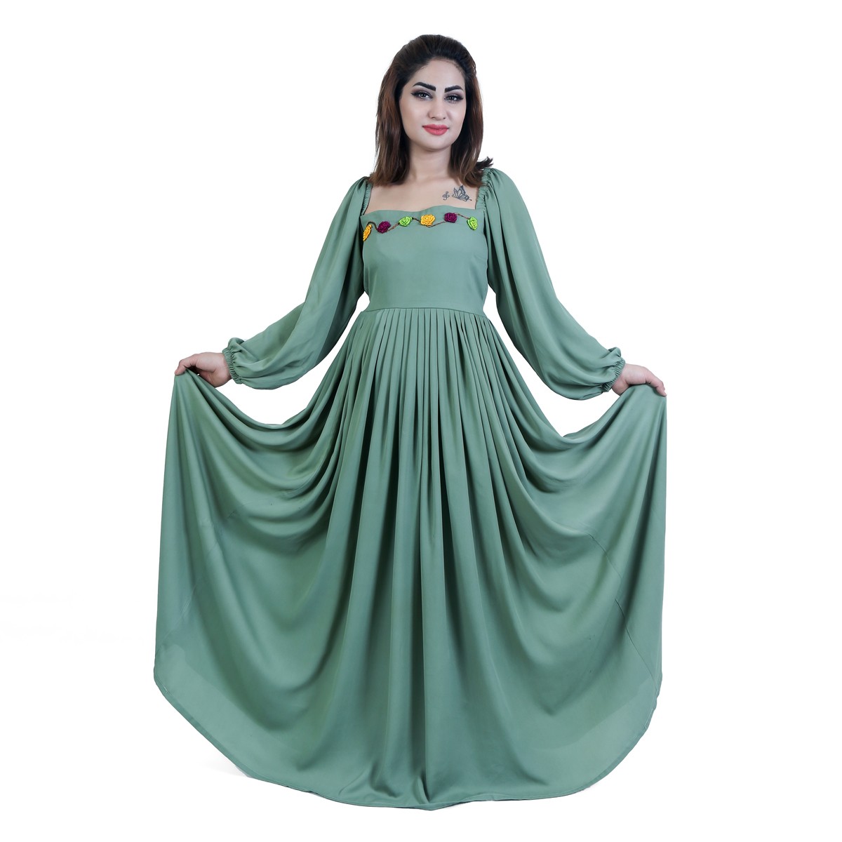 Sage Green Pleated Maxi | Georgette Cuff Sleeves Maxi 2