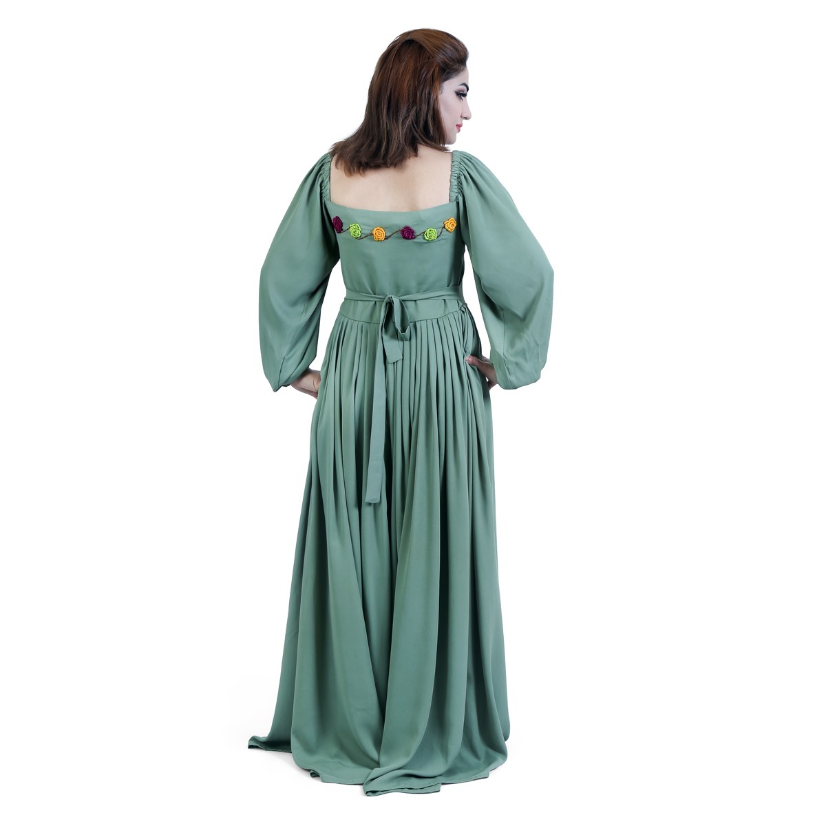 Sage Green Pleated Maxi | Georgette Cuff Sleeves Maxi 3
