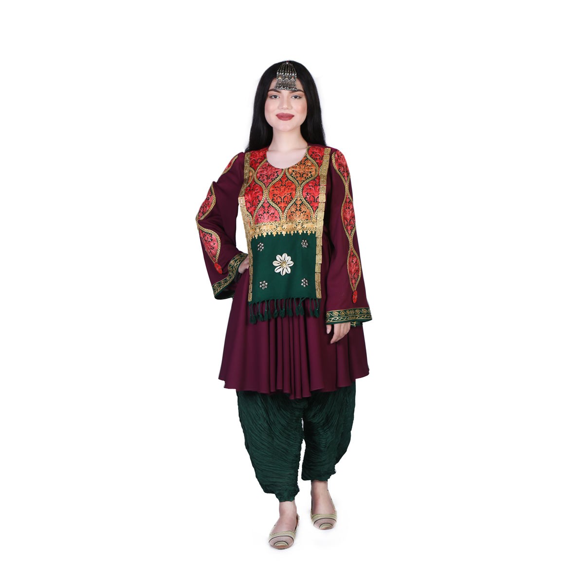 Maroon Cowrie Embroidered Dress | Georgette Pleated Party Wear Frock 1