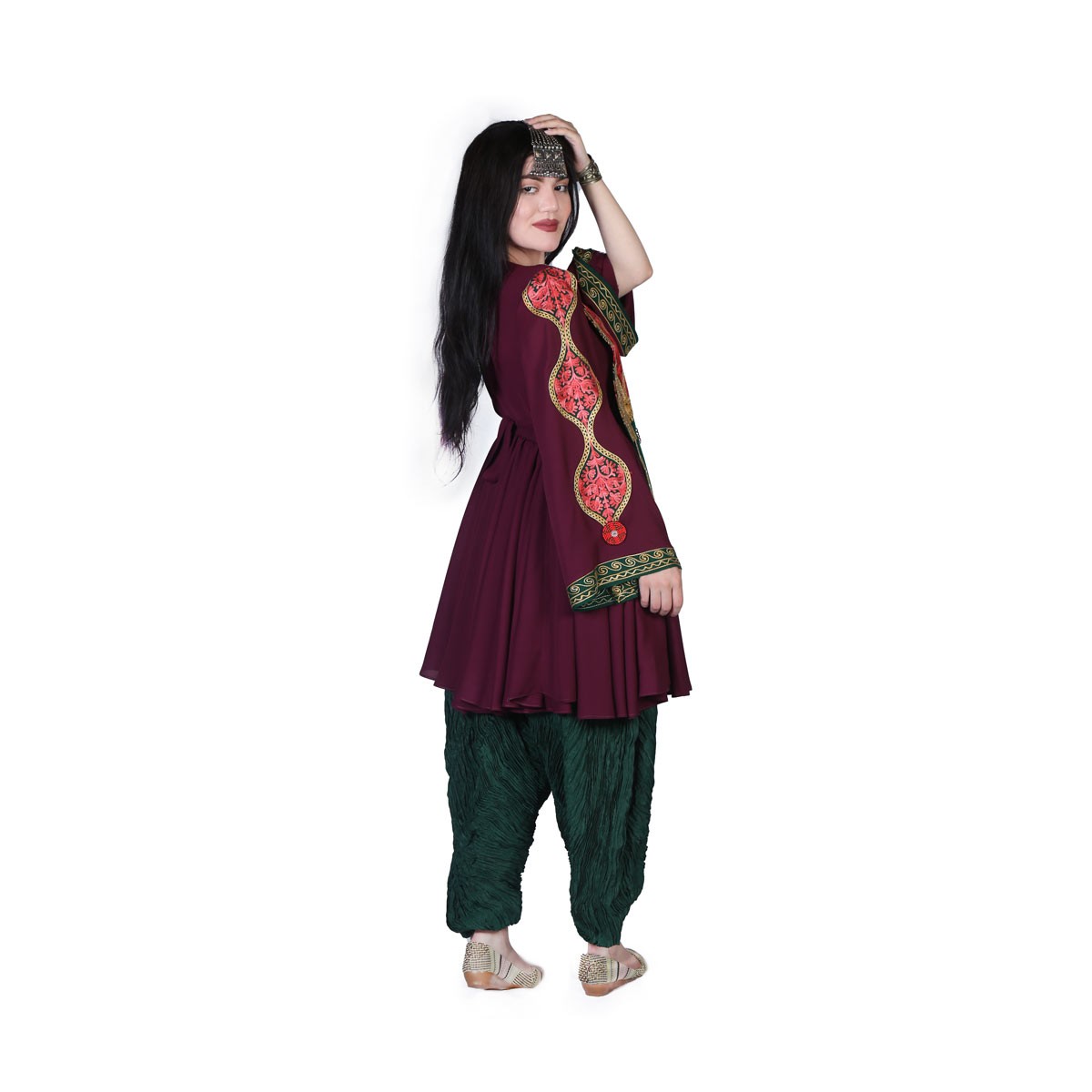 Maroon Cowrie Embroidered Dress | Georgette Pleated Party Wear Frock 2