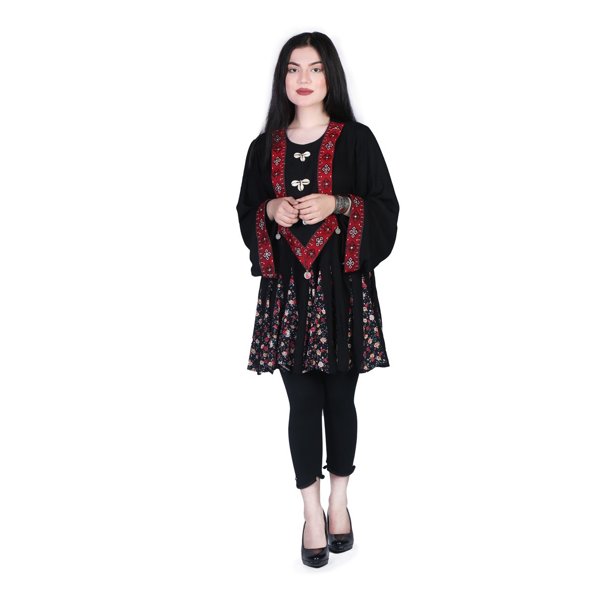 Black Floral Print Short Dress | Cotton V Design Embroidered Frock 1