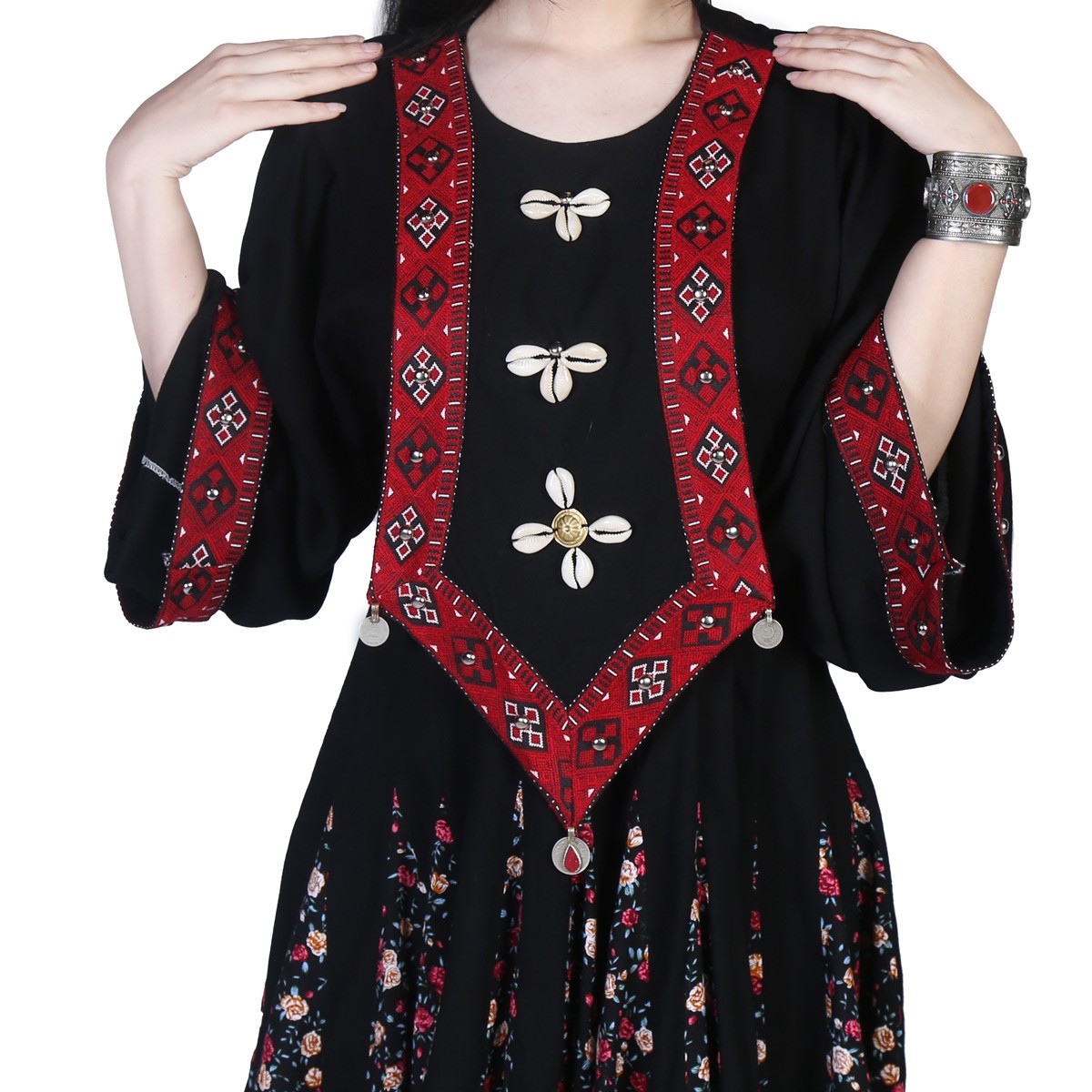 Black Floral Print Short Dress | Cotton V Design Embroidered Frock 2