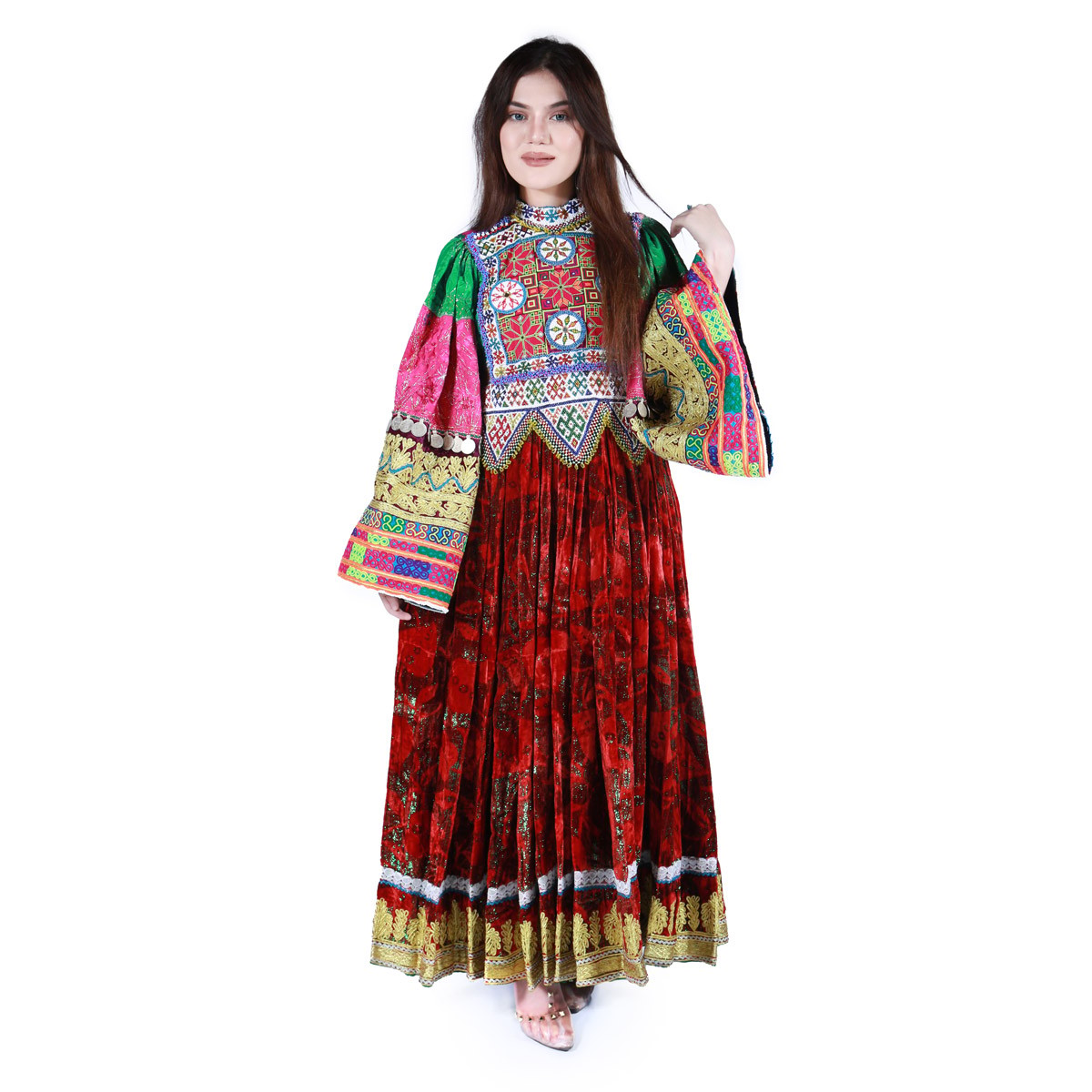 Red Zaribakhmal Bead Embroidered Dress | Velvet Balloon Sleeves Pleated Party Wear Frock  Afghan Gand Dress 1
