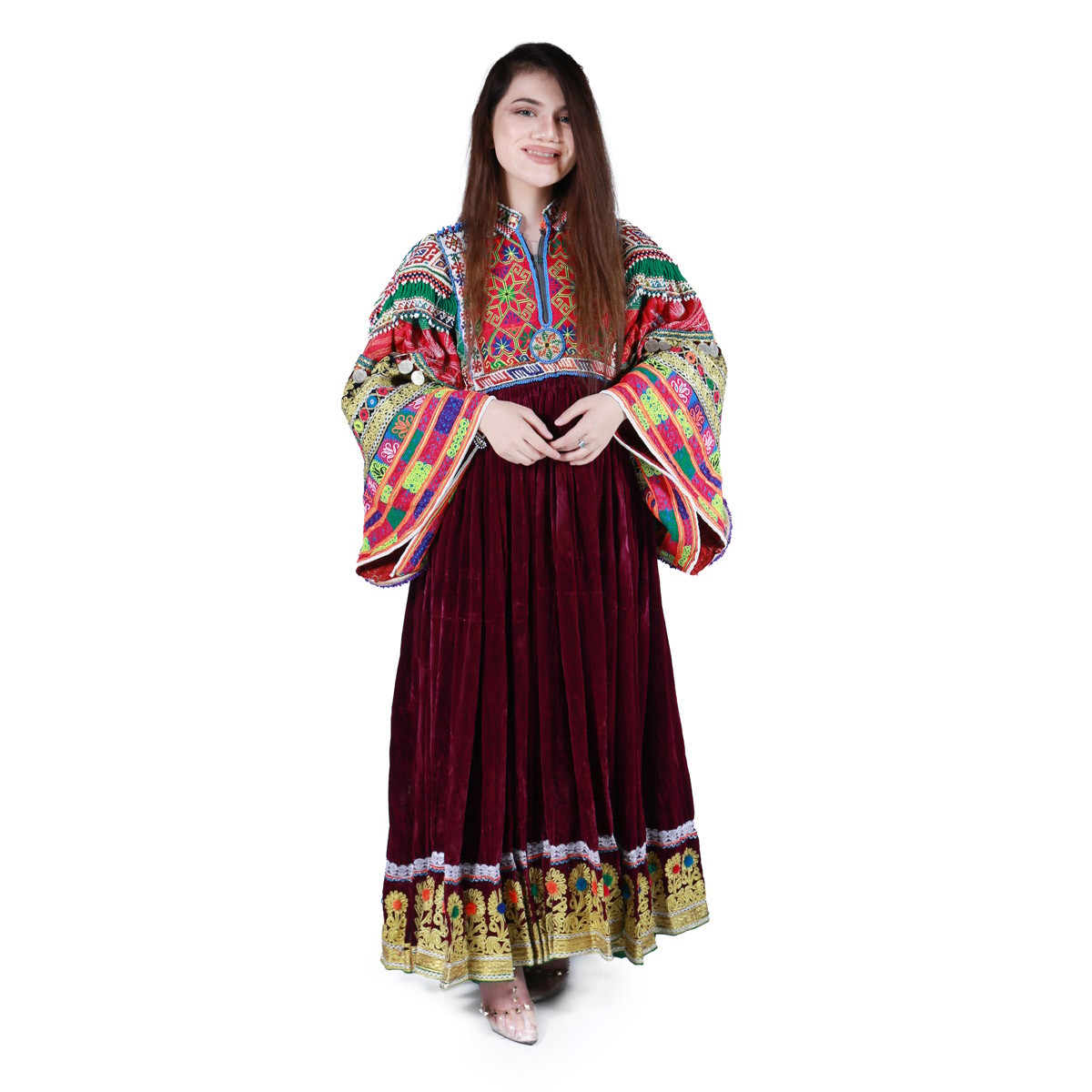 Dark Red Pauli Embroidered Pleated Dress | Velvet Balloon Sleeves Party Wear Frock 1