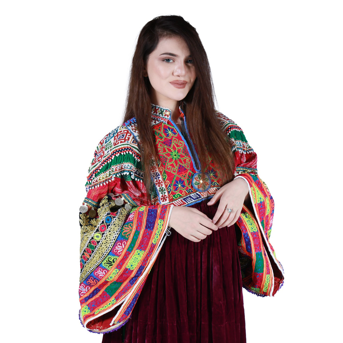 Dark Red Pauli Embroidered Pleated Dress | Velvet Balloon Sleeves Party Wear Frock 2