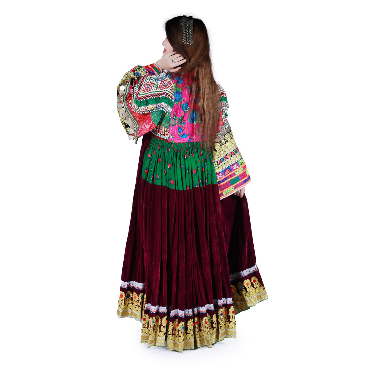 Dark Red Pauli Embroidered Pleated Dress | Velvet Balloon Sleeves Party Wear Frock 3