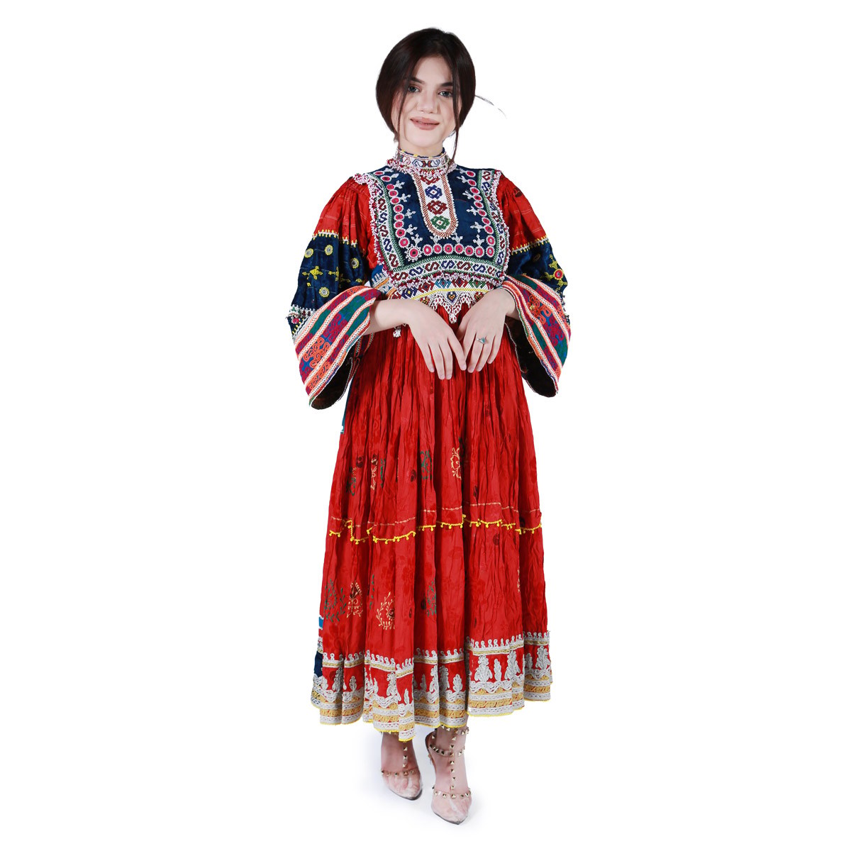 Red Golbakhmal Bead & Cherma Embroidered Dress | Velvet Balloon Sleeves Party Wear Frock 1