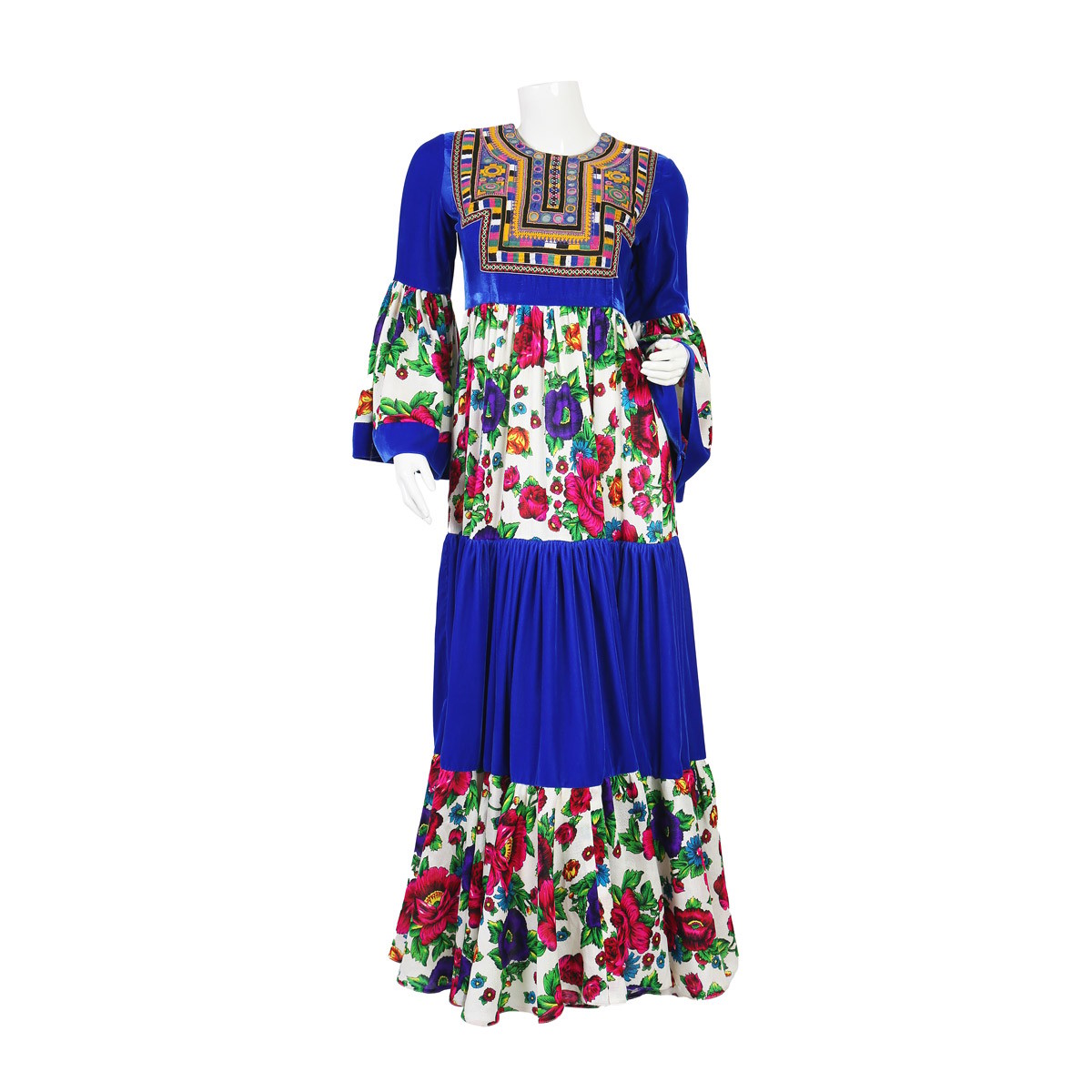 Blue Floral Print Embroidered Long Maxi | Golnegar Bell Sleeves Casual Wear Maxi 1