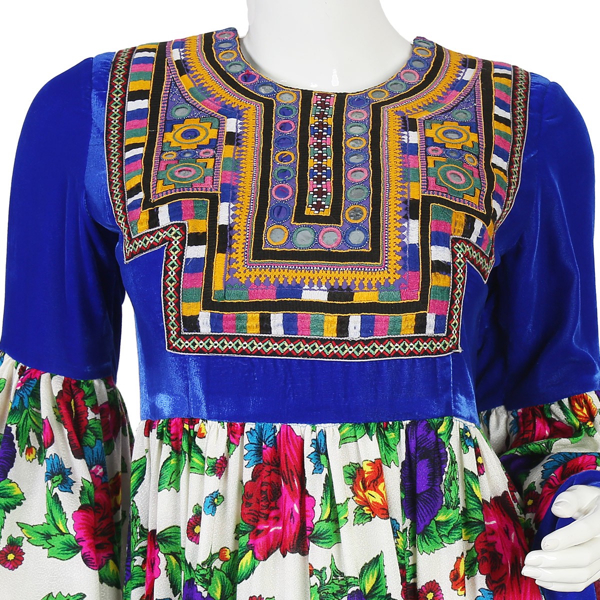 Blue Floral Print Embroidered Long Maxi | Golnegar Bell Sleeves Casual Wear Maxi 2