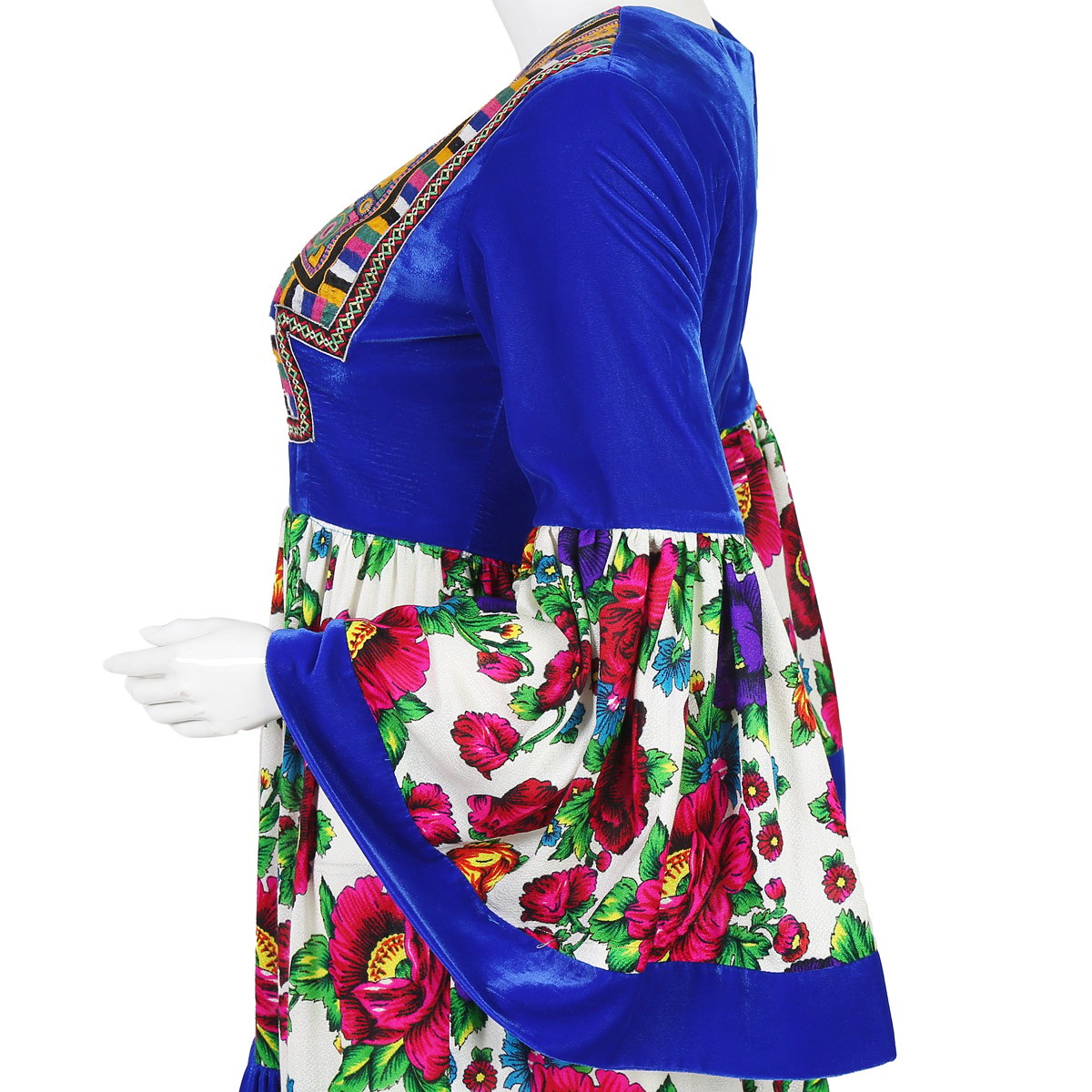 Blue Floral Print Embroidered Long Maxi | Golnegar Bell Sleeves Casual Wear Maxi 3