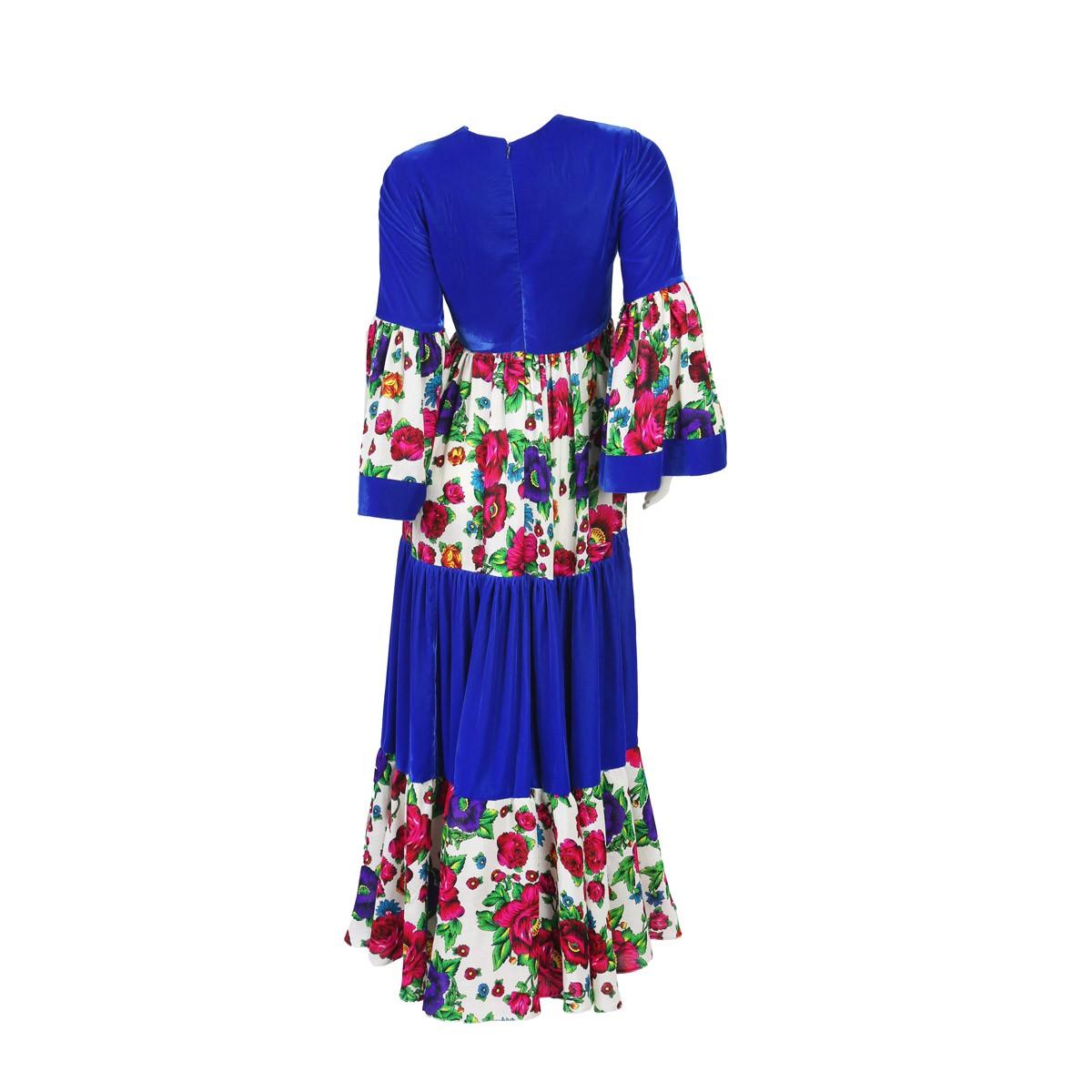 Blue Floral Print Embroidered Long Maxi | Golnegar Bell Sleeves Casual Wear Maxi 4