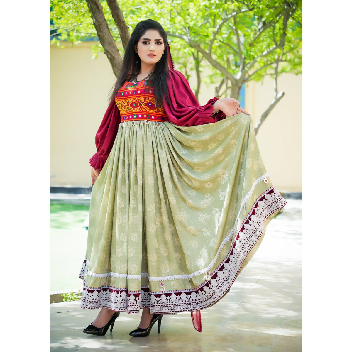 Olive Green Pleated Long Embroidered Afghani Dress | Velvet Floral Stitched Cuff Sleeves Party Wear Frock - Cloth Sizes Women: Large - US
