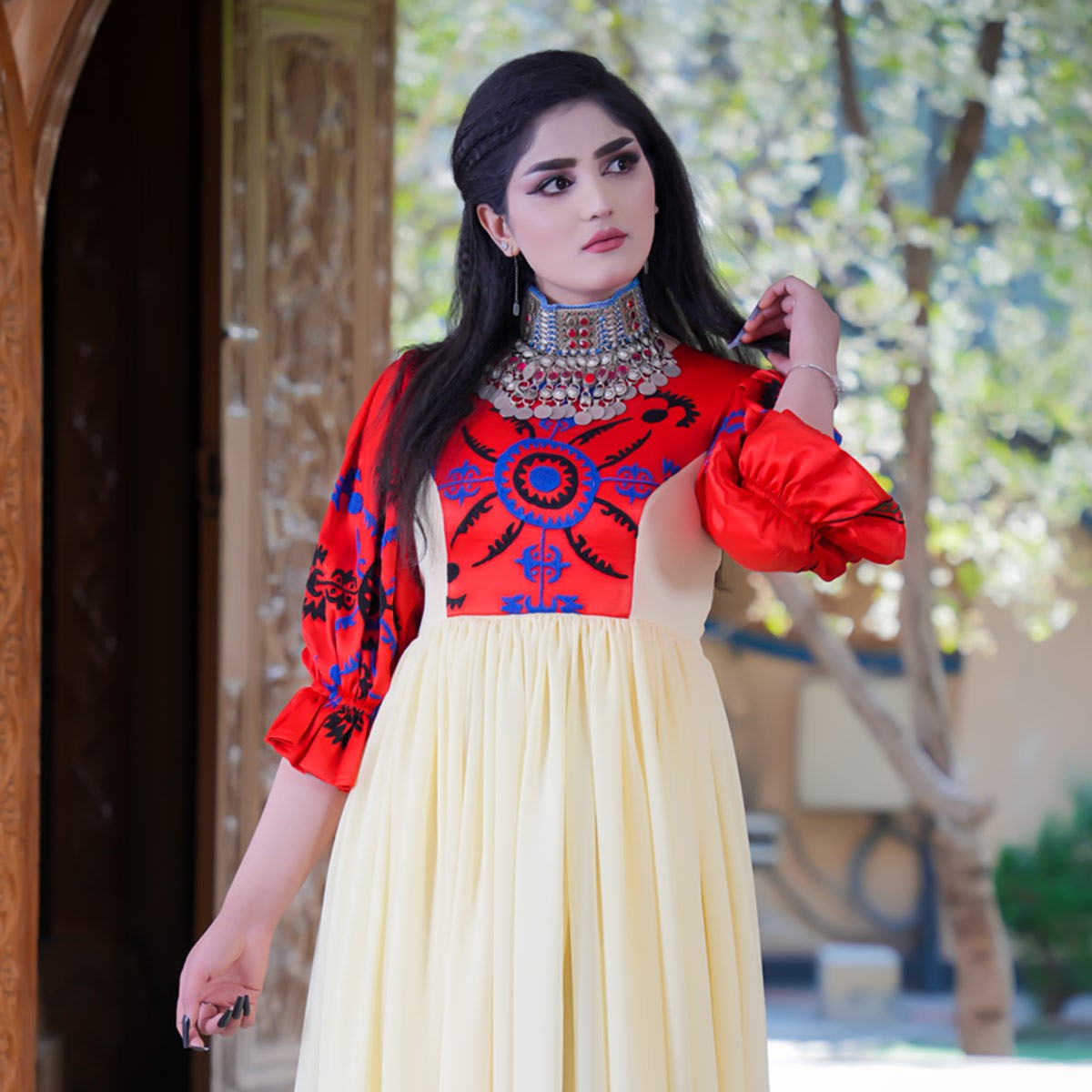 Cream Cross-Stitch Embroidered Long Afghani Dress | Georgette Casual Wear Long Frock 1