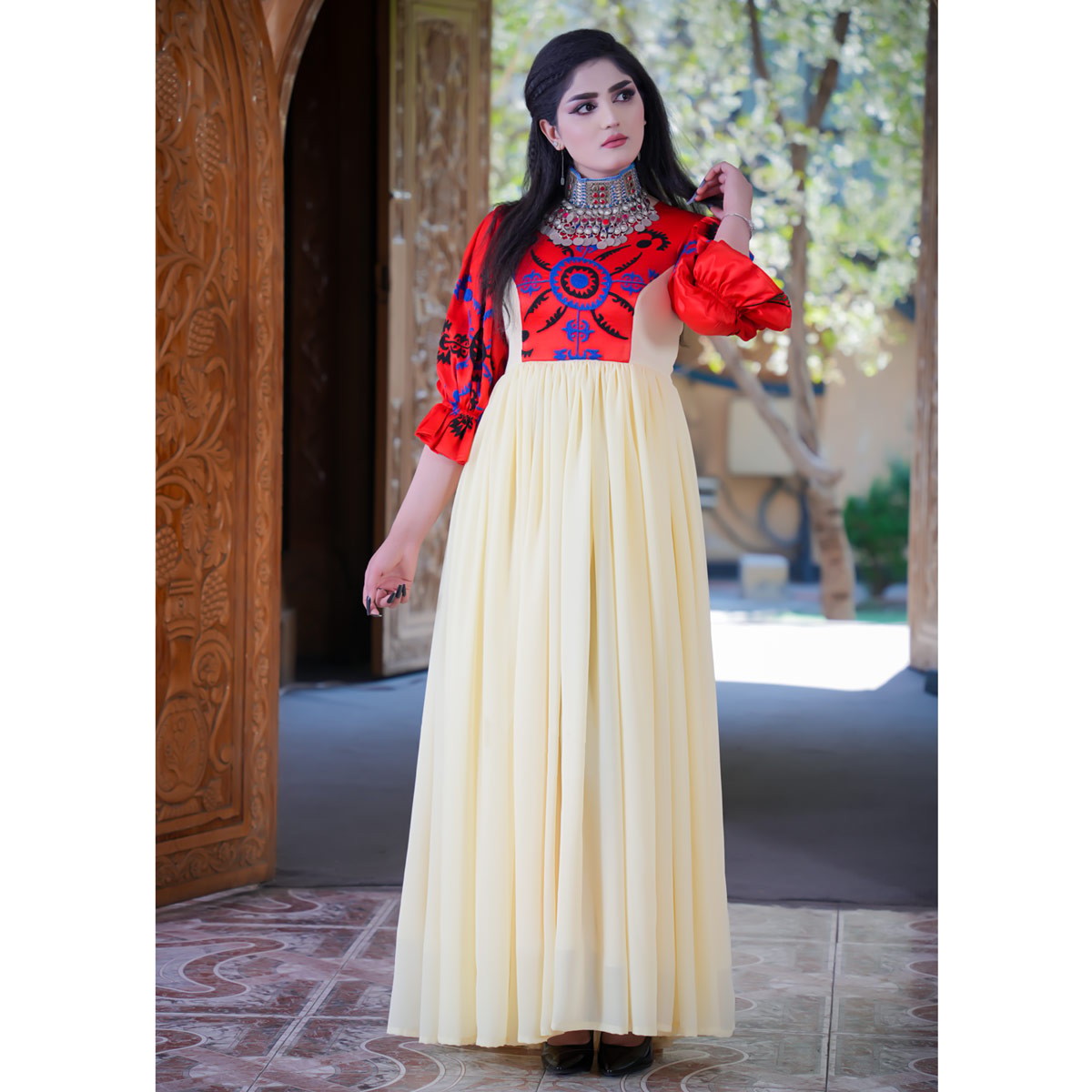 Cream Cross-Stitch Embroidered Long Afghani Dress | Georgette Casual Wear Long Frock 2