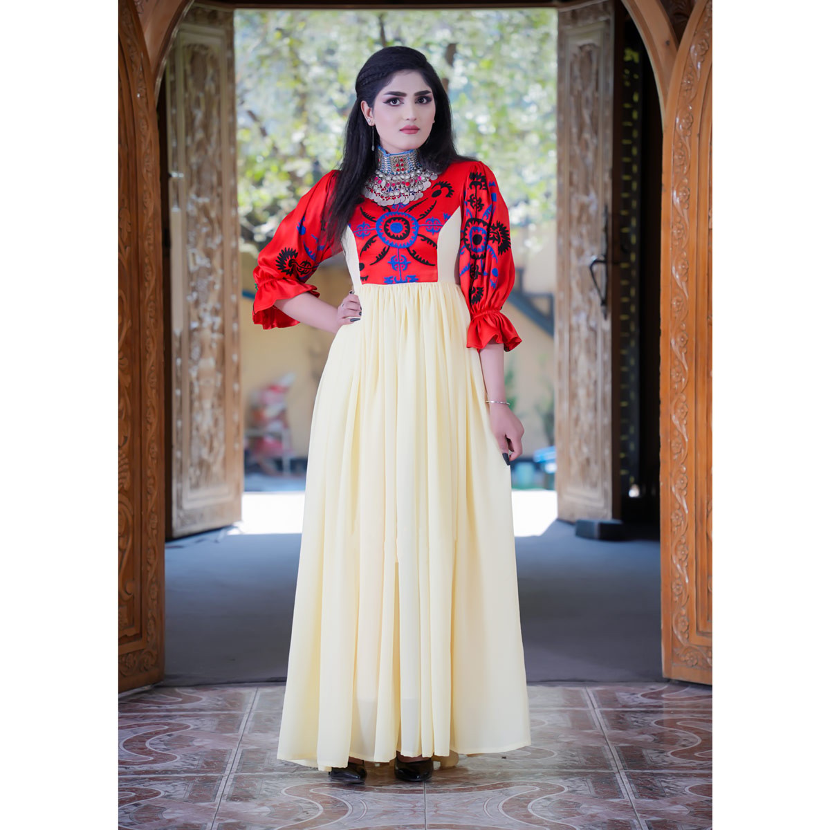 Cream Cross-Stitch Embroidered Long Afghani Dress | Georgette Casual Wear Long Frock 4