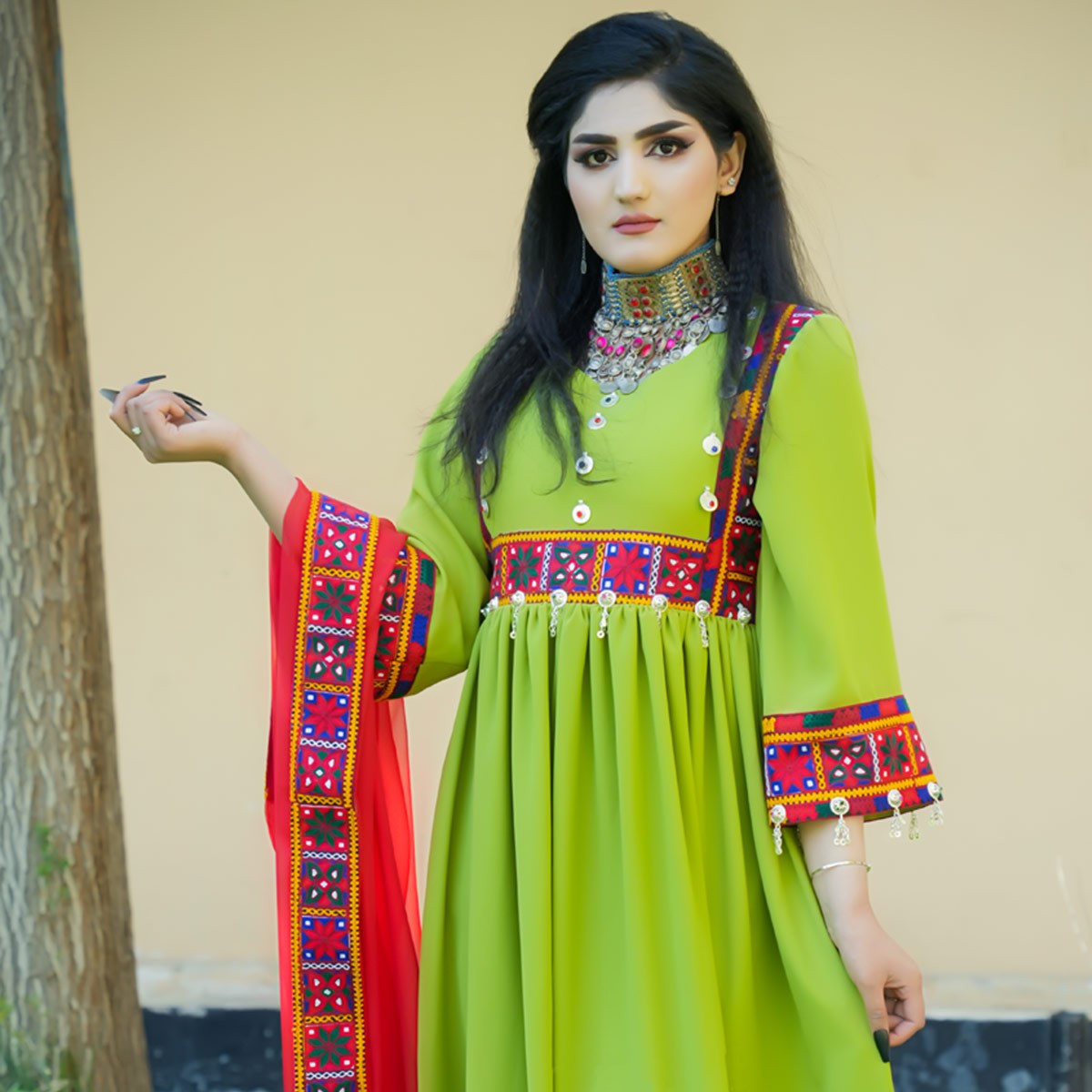 Pistachio Cross-Stitch Short Party Dress | 3-Piece Pleated Afghani Frock 1