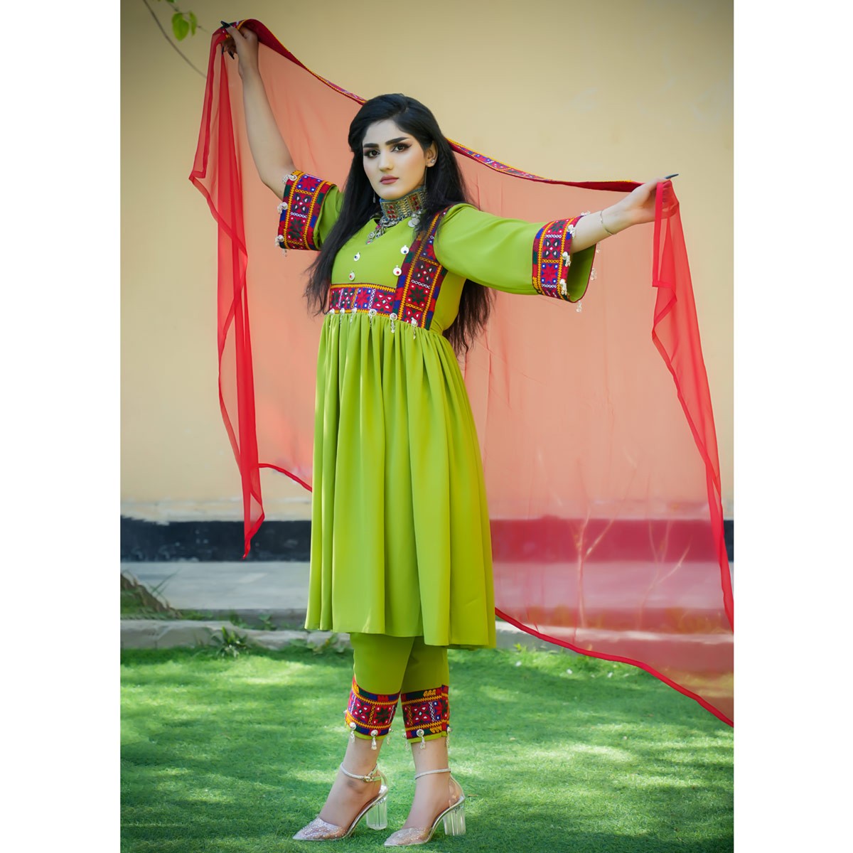 Pistachio Cross-Stitch Short Party Dress | 3-Piece Pleated Afghani Frock 2