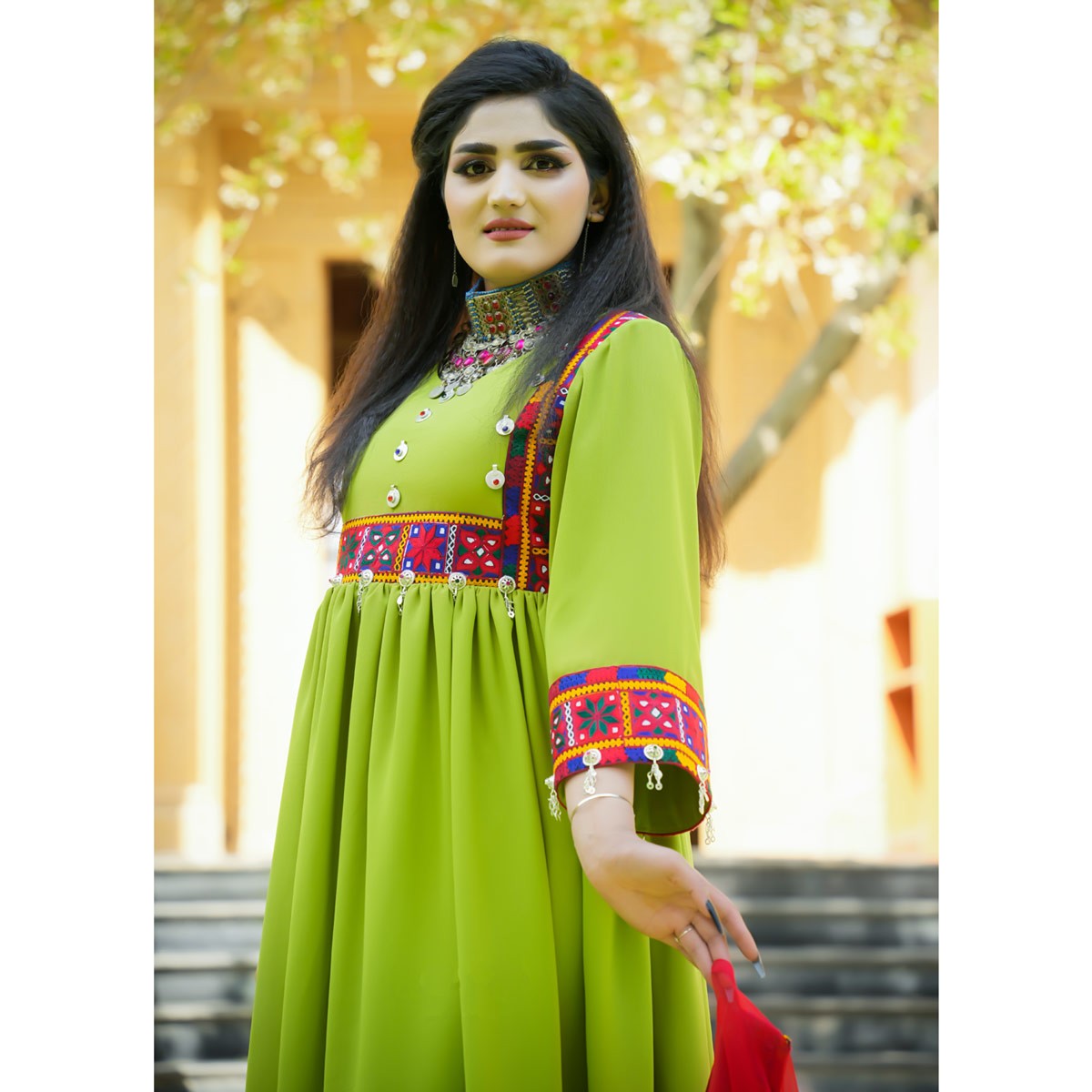 Pistachio Cross-Stitch Short Party Dress | 3-Piece Pleated Afghani Frock 4