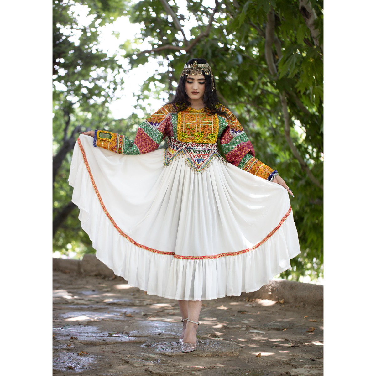 Hand Embroidered Pleated Frock | White Balloon Sleeves Afghan Tradtional Handmade 2
