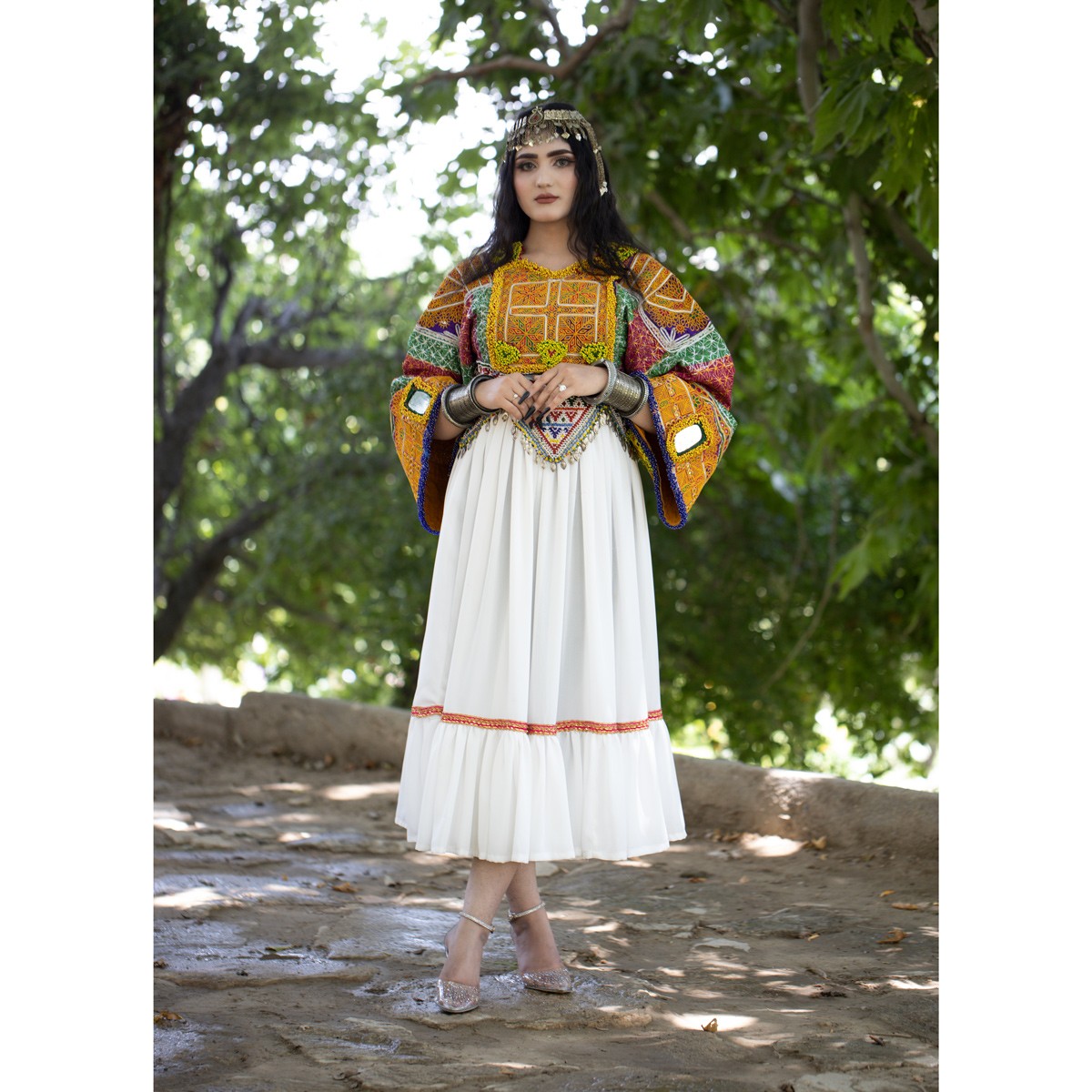 Hand Embroidered Pleated Frock | White Balloon Sleeves Afghan Tradtional Handmade 3