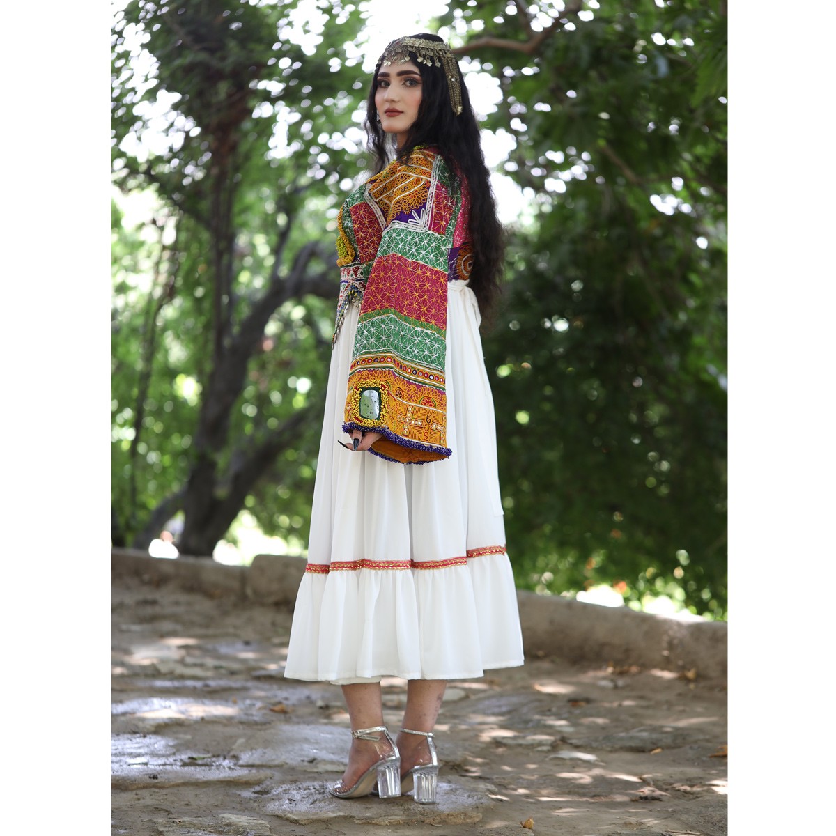 Hand Embroidered Pleated Frock | White Balloon Sleeves Afghan Tradtional Handmade 5